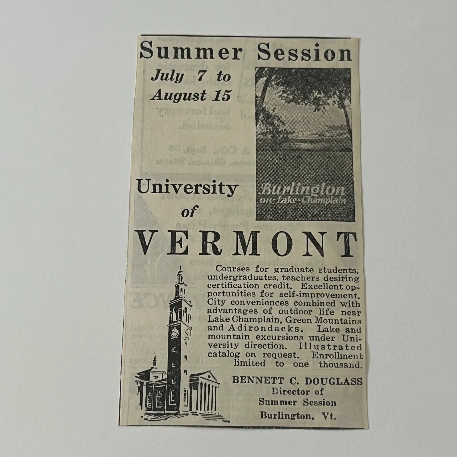 Product image for University of Vermont Burlington VT Bennett C. Douglass 1931 Magazine Ad SAG4-1