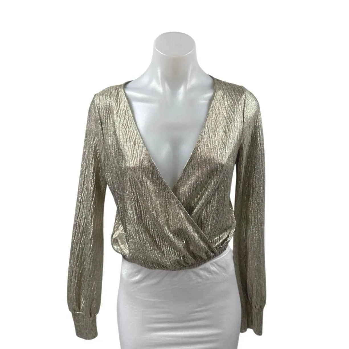 Product image for Zara Gold Metallic Sparkly Shimmer Long Sleeve Faux Wrap Blouse Top Size M  - Tops - pre-owned---excellent - Zara