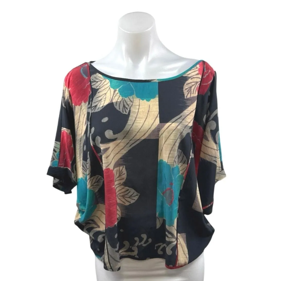 Product image for Women's Multicolor 100% Silk Floral Colorblock Draped Blouse Top Size S/M - Tops - pre-owned---excellent - Unbranded