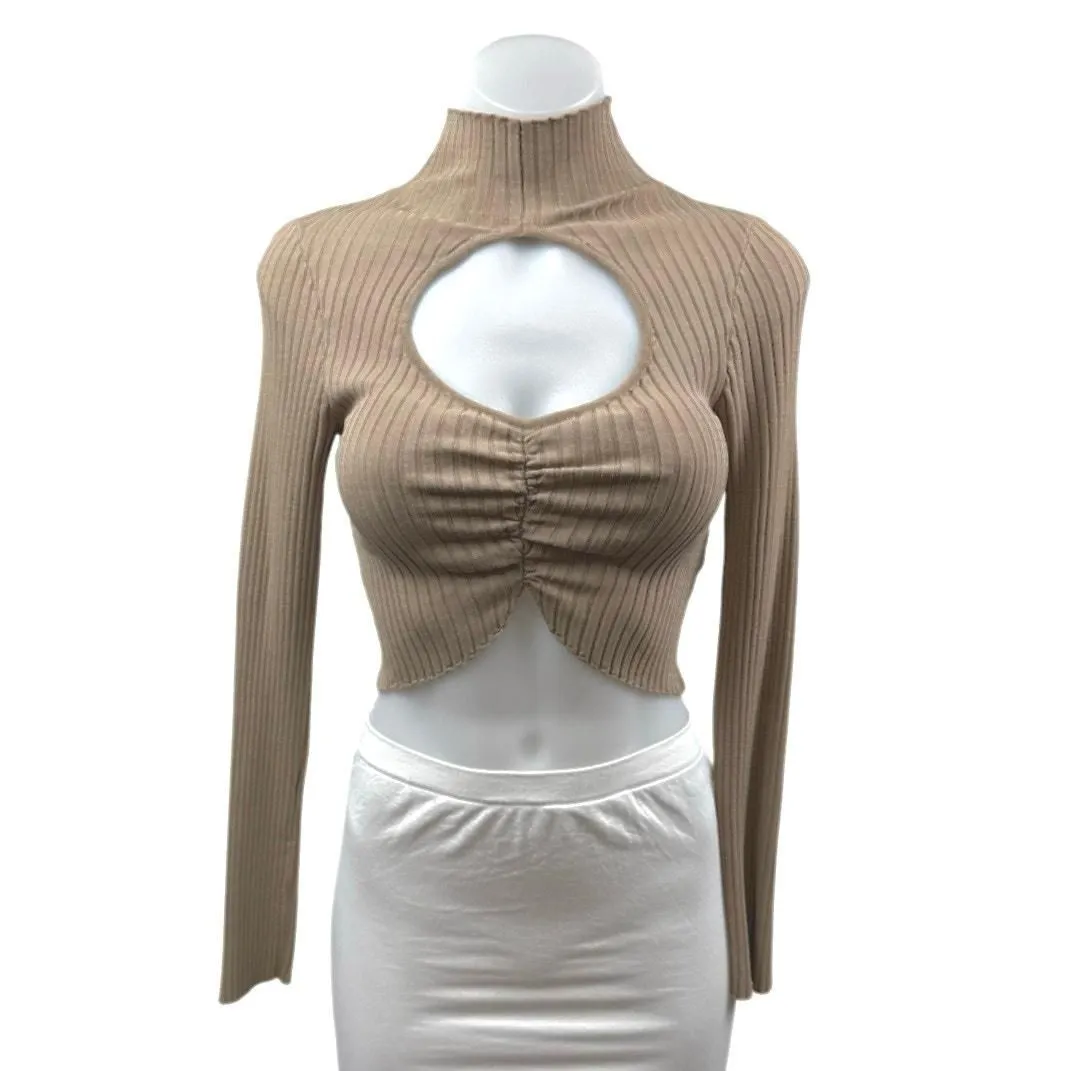 Product image for Zara Tan Turtleneck Ribbed Knit Cutout Ruched Long Sleeve Sweater Top Size S - Tops - pre-owned---good - Zara