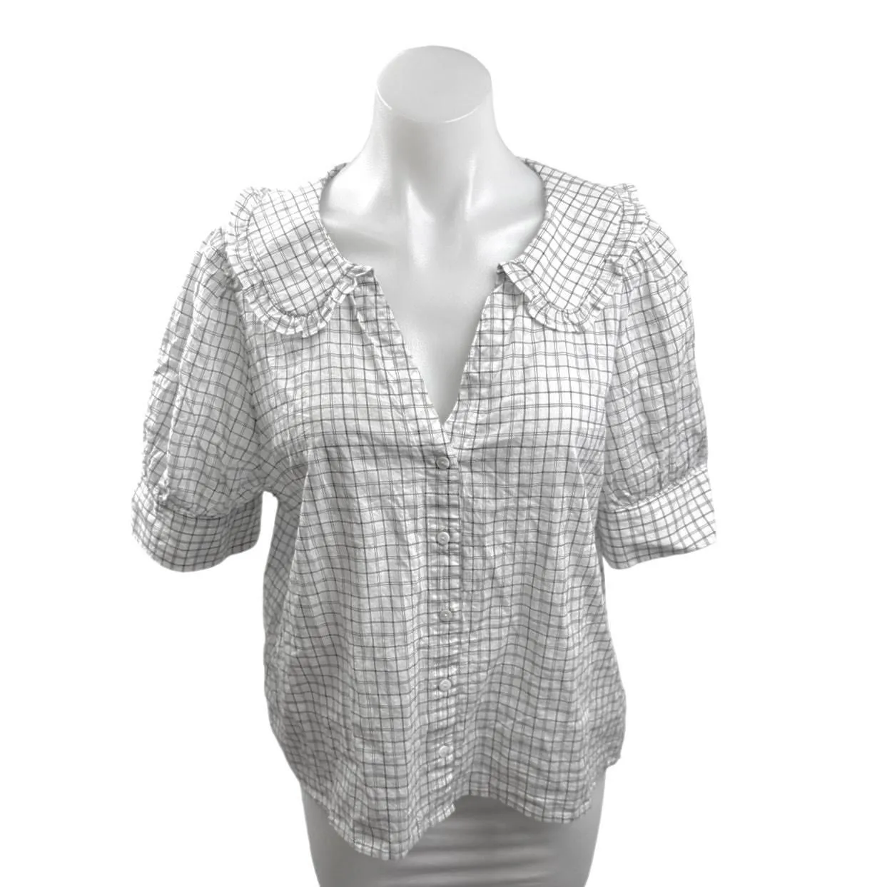 Product image for Madewell White Black Plaid Collared Ruffle Short Sleeve Button Shirt Top Size 12 - Tops - pre-owned---good - Madewell