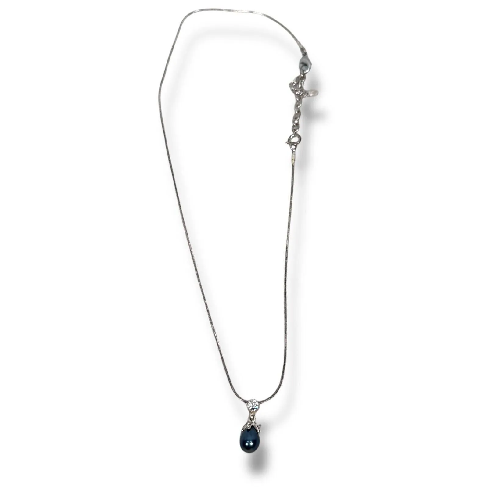 Product image for Monet Silver Tone Clear Rhinestone Blue Faux Pearl Pendant Necklace Snake Chain - pre-owned---good