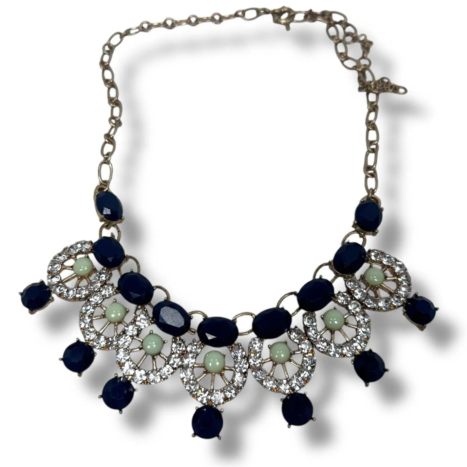 Product image for Vintage Gold Tone Statement Necklace Blue Green Rhinestone Boho Costume Jewelry - pre-owned---good