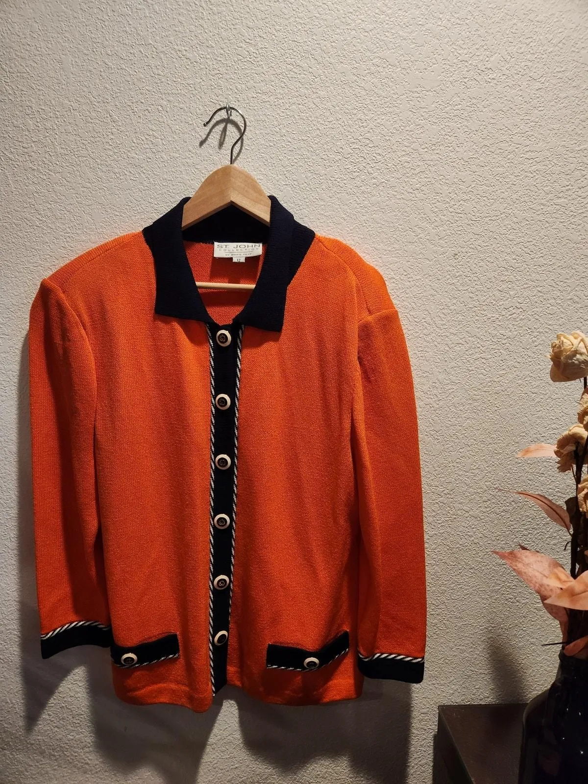 Product image for St. John Collection Orange Knit Blazer, Size 12, Navy Contrast Trim