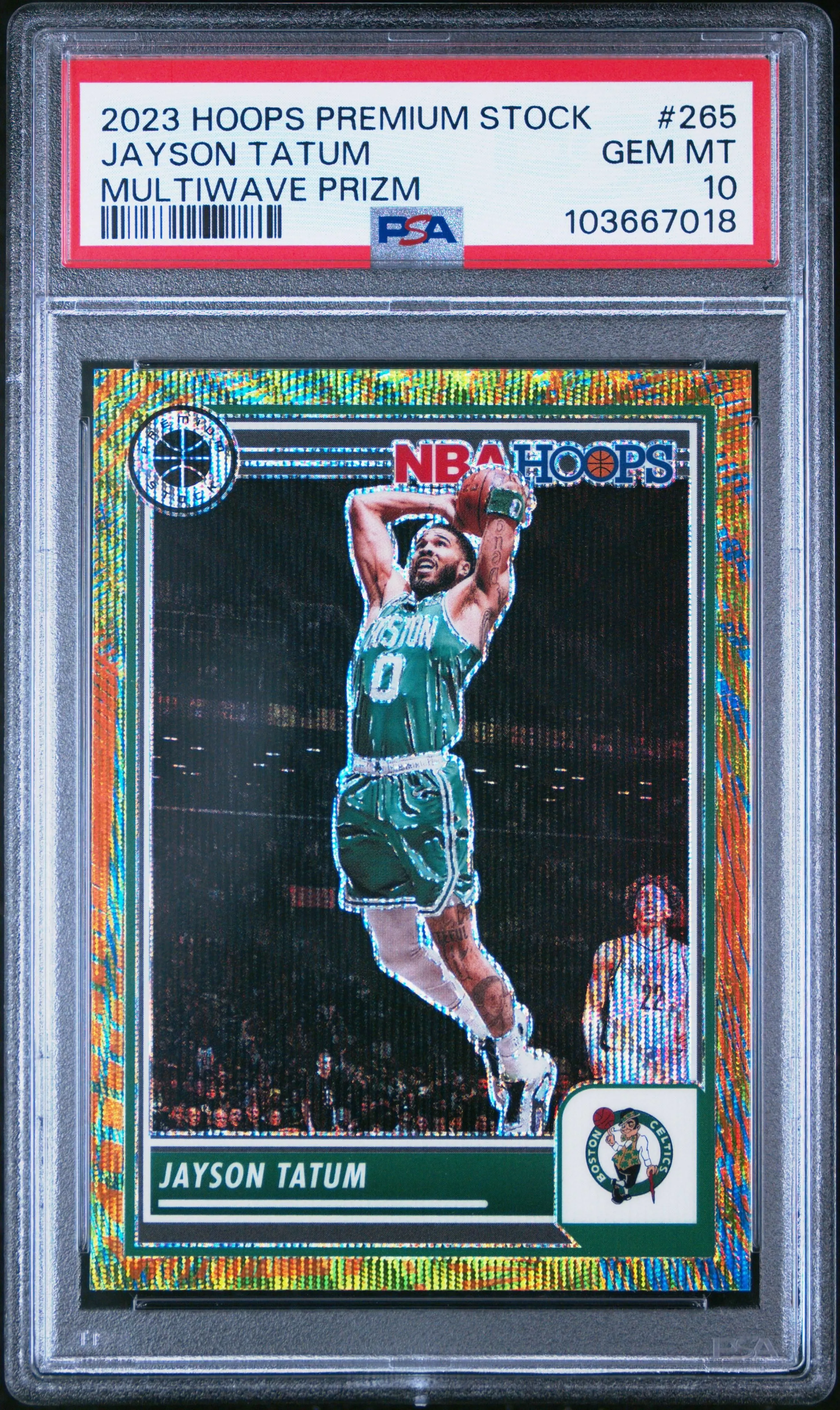 Product image for 2023 Panini Hoops Premium Stock #265 Jayson Tatum Multiwave Prizm PSA 10