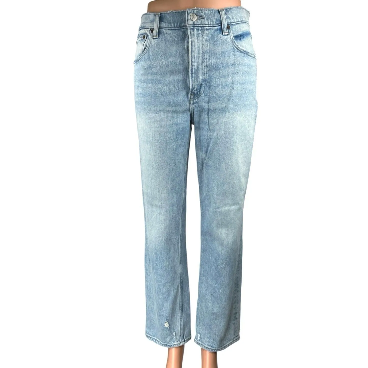 Product image for Abercrombie & Fitch 90's Straight Blue Ultra High Rise Distressed Denim Jeans 4 - Bottoms - pre-owned---good - Abercrombie & Fitch