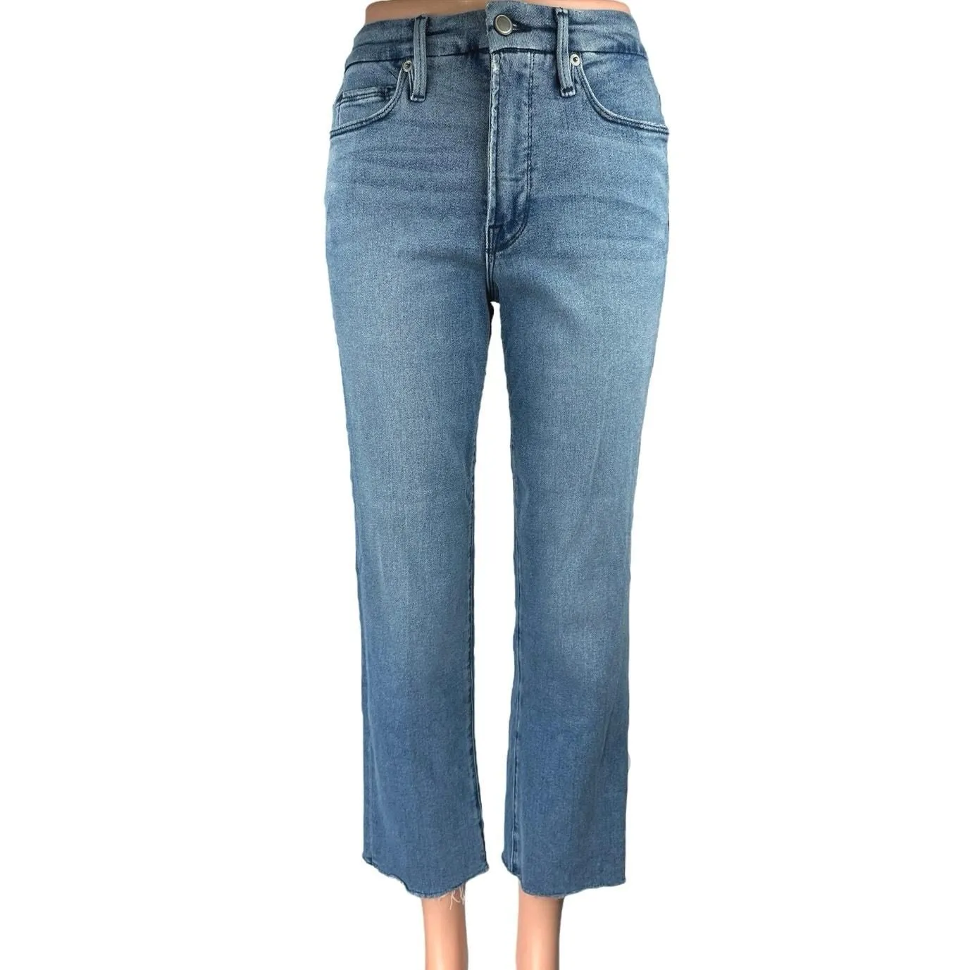 Product image for Good American Blue Frayed Raw Hem High Waist Straight Crop Denim Jeans Pants 4 - Bottoms - pre-owned---good - Good American
