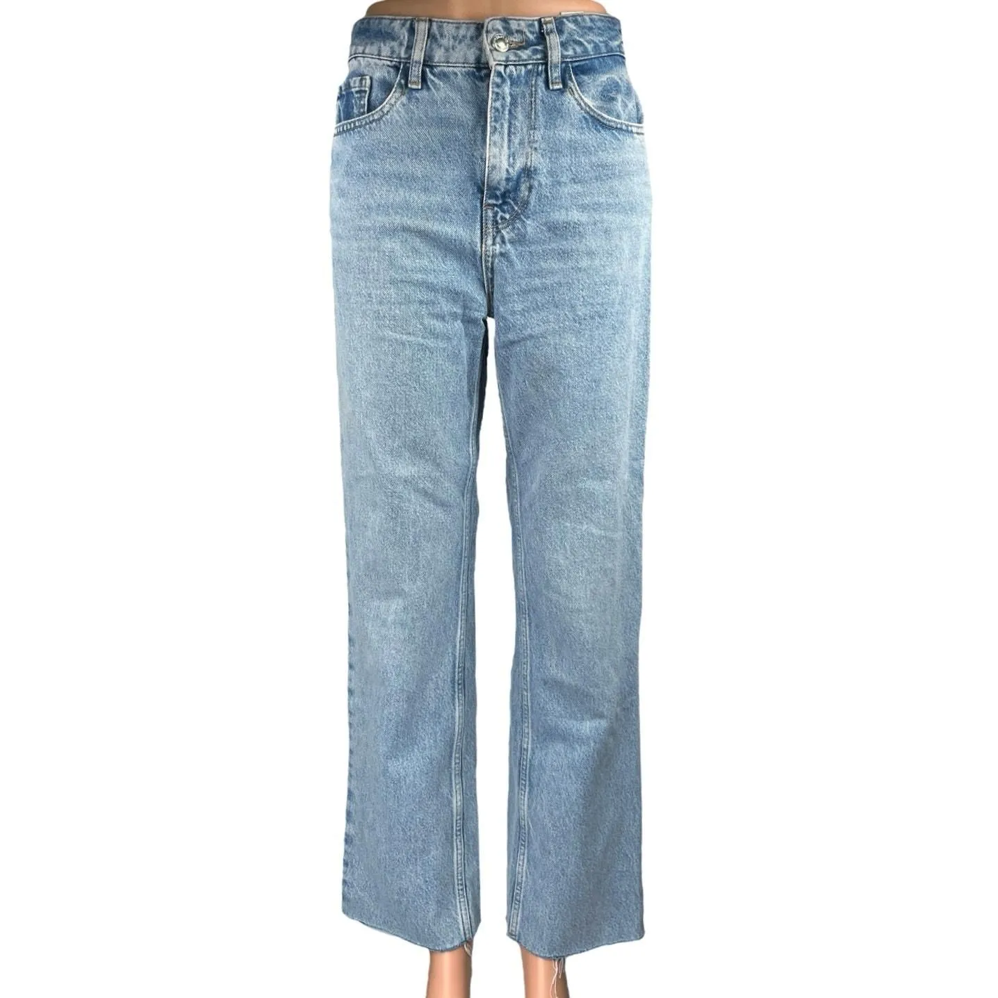 Product image for Zara Women's Blue High Waist Straight Wide Leg Raw Hem Crop Denim Jeans Pants 2 - Bottoms - pre-owned---good - Zara