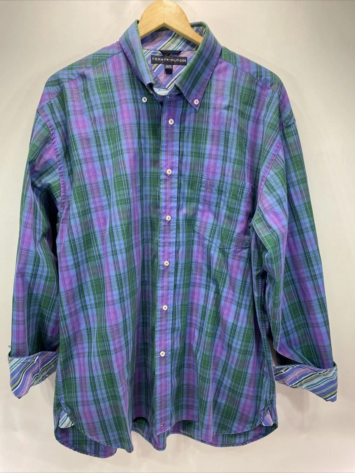 Product image for Tommy Hilfiger Button Down Plaid Shirt Blue Green Purple Men's XL 46"-48" - pre-owned---good - Tommy Hilfiger