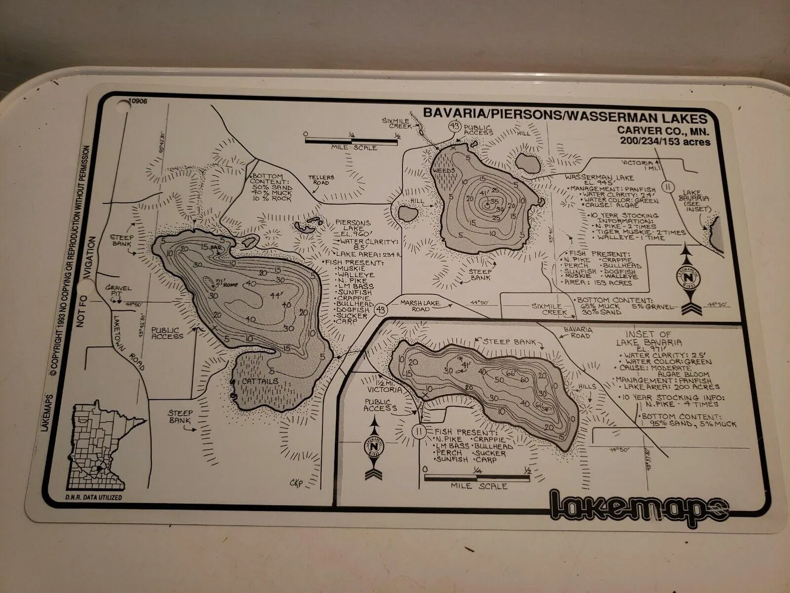Product image for Vintage Lakemaps Waterproof Plastic Card - Bavaria/Piersons/Wasserman Carver MN