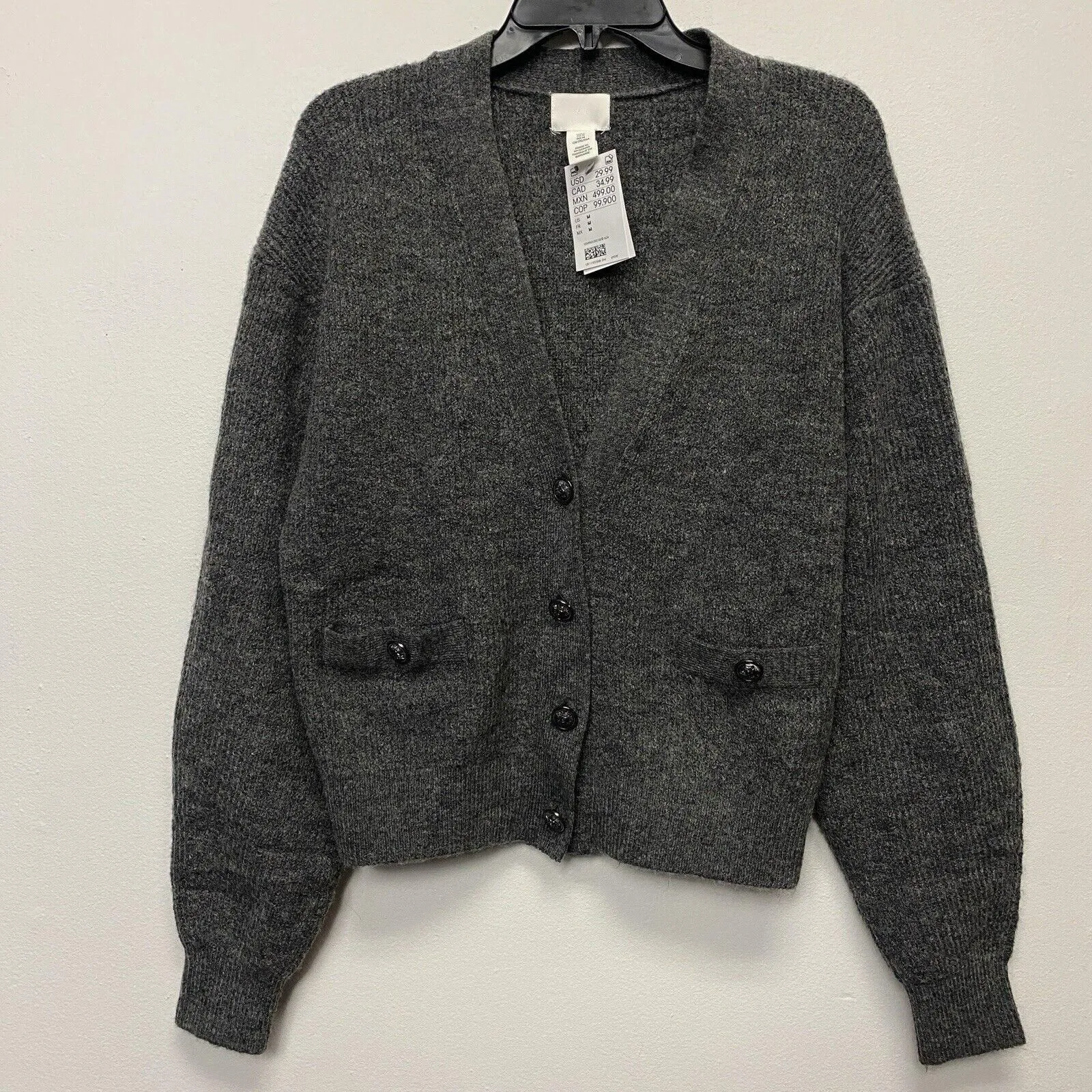 Product image for H&M Grey Wool Blend Button Up Cardigan V Neck Dark Academia Fall Spring - Sweaters - new-with-tags - H&M
