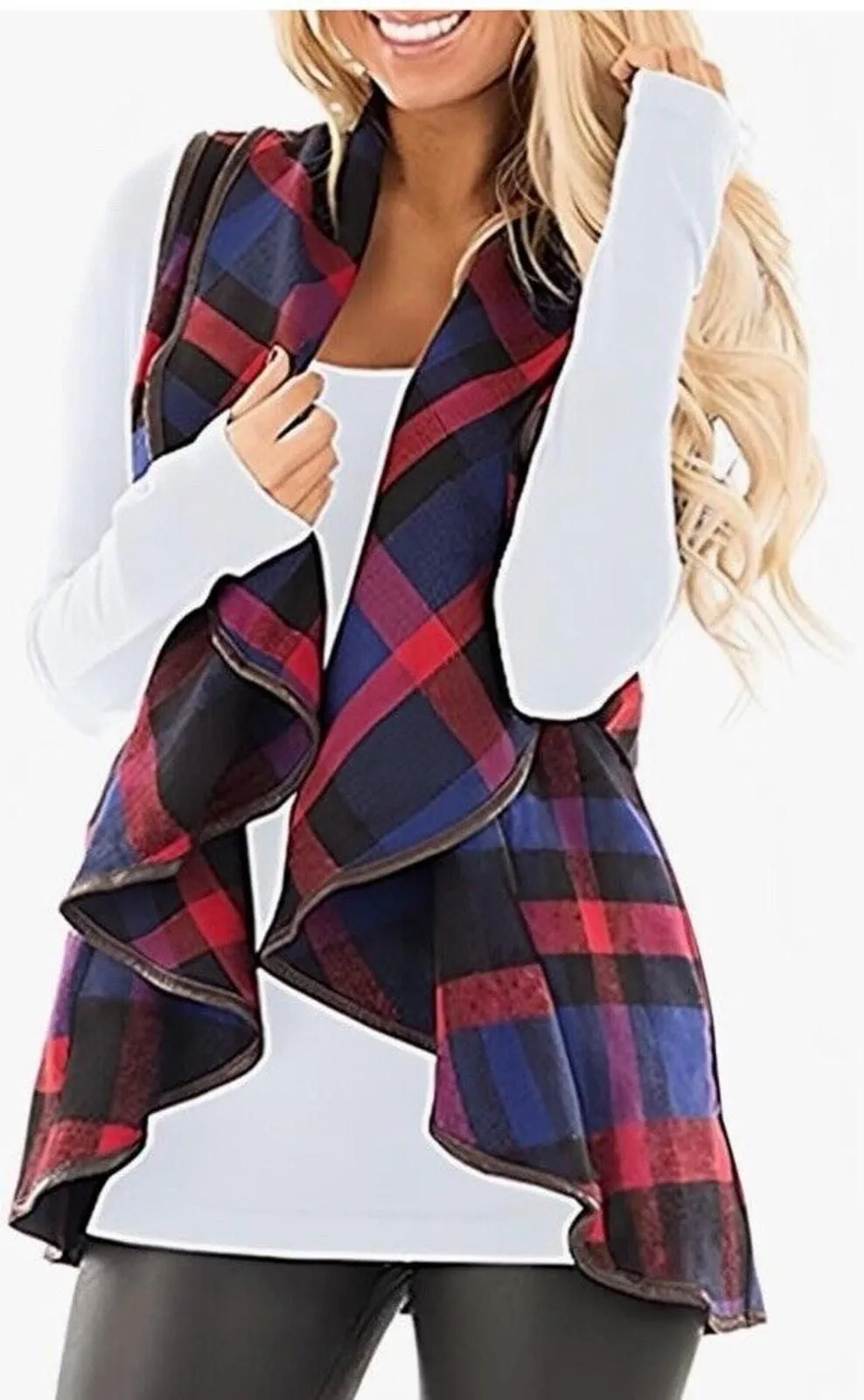 Product image for Unidear Buffalo Plaid Open Front Sleeveless Vest W Pockets Womens S New - new-without-tags - Unidear