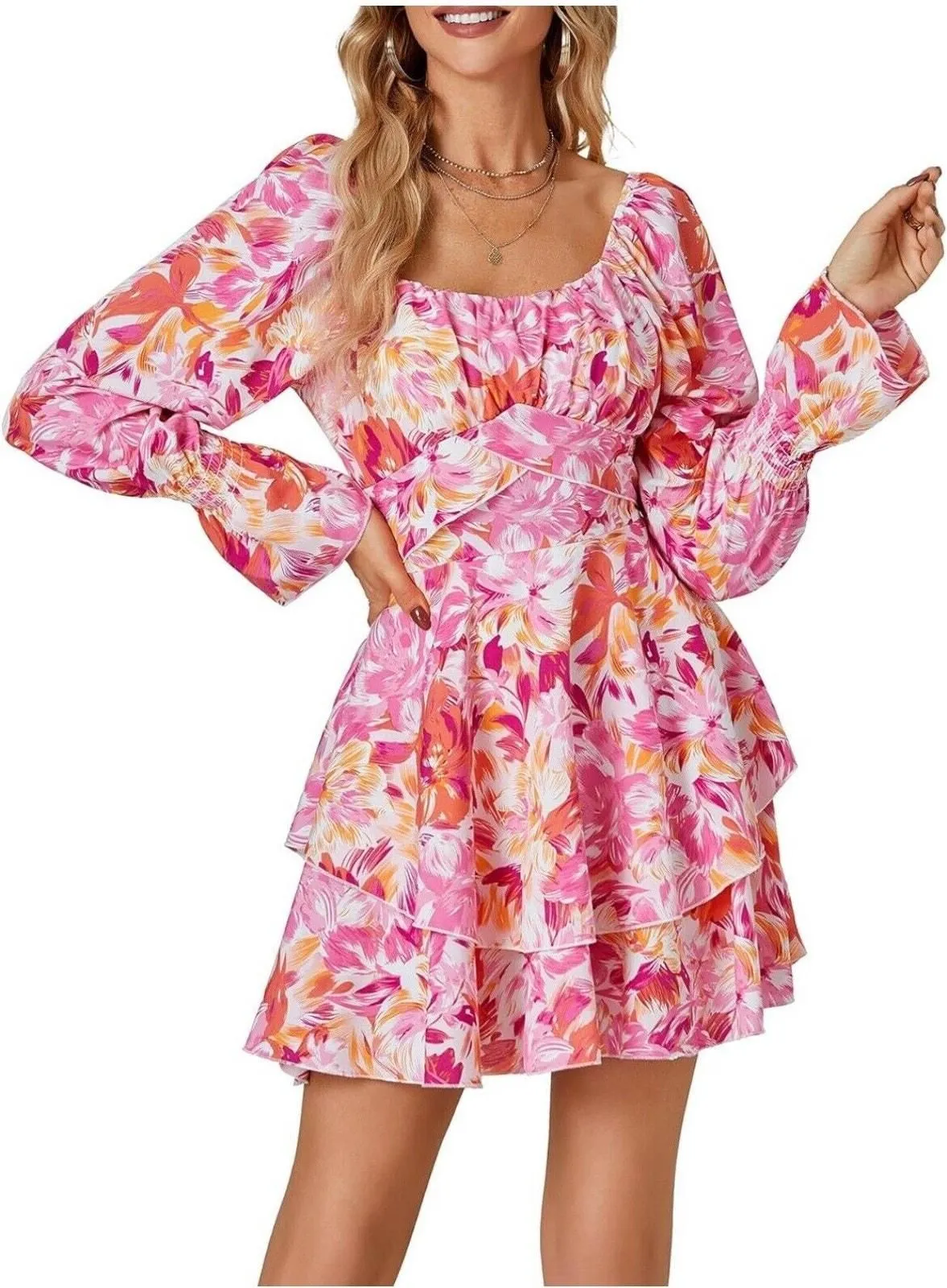 Product image for Women’s Long Puff Sleeve Ruffle Hem Floral Mini Dress Hem M New - new-without-tags - Unbranded