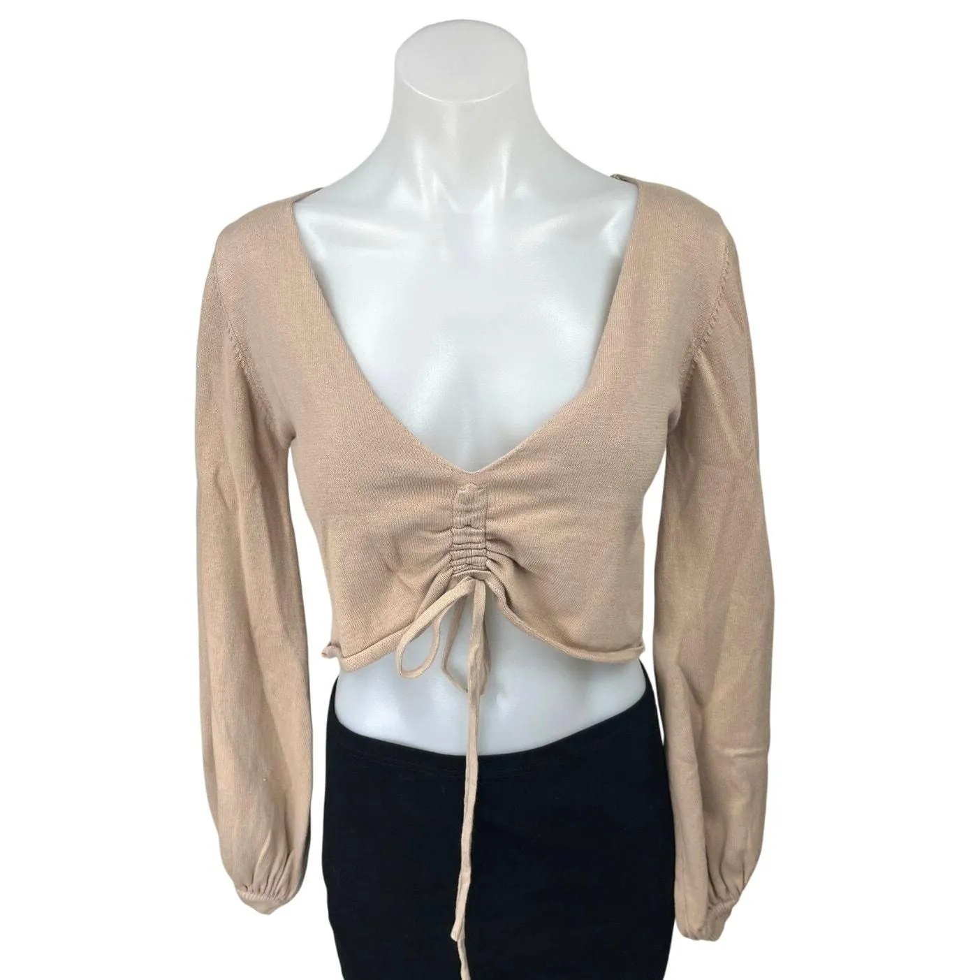 Product image for Princess Polly Beige Ruched Tie Puff Long Sleeve Cropped Sweater Top Size S/M - Tops - pre-owned---excellent - Princess Polly