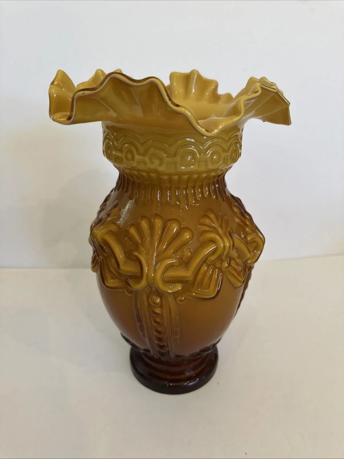 Product image for Large Hand Blown Yellow Cased Glass Victorian Vase Ruffled Edge 12” Chip On Base