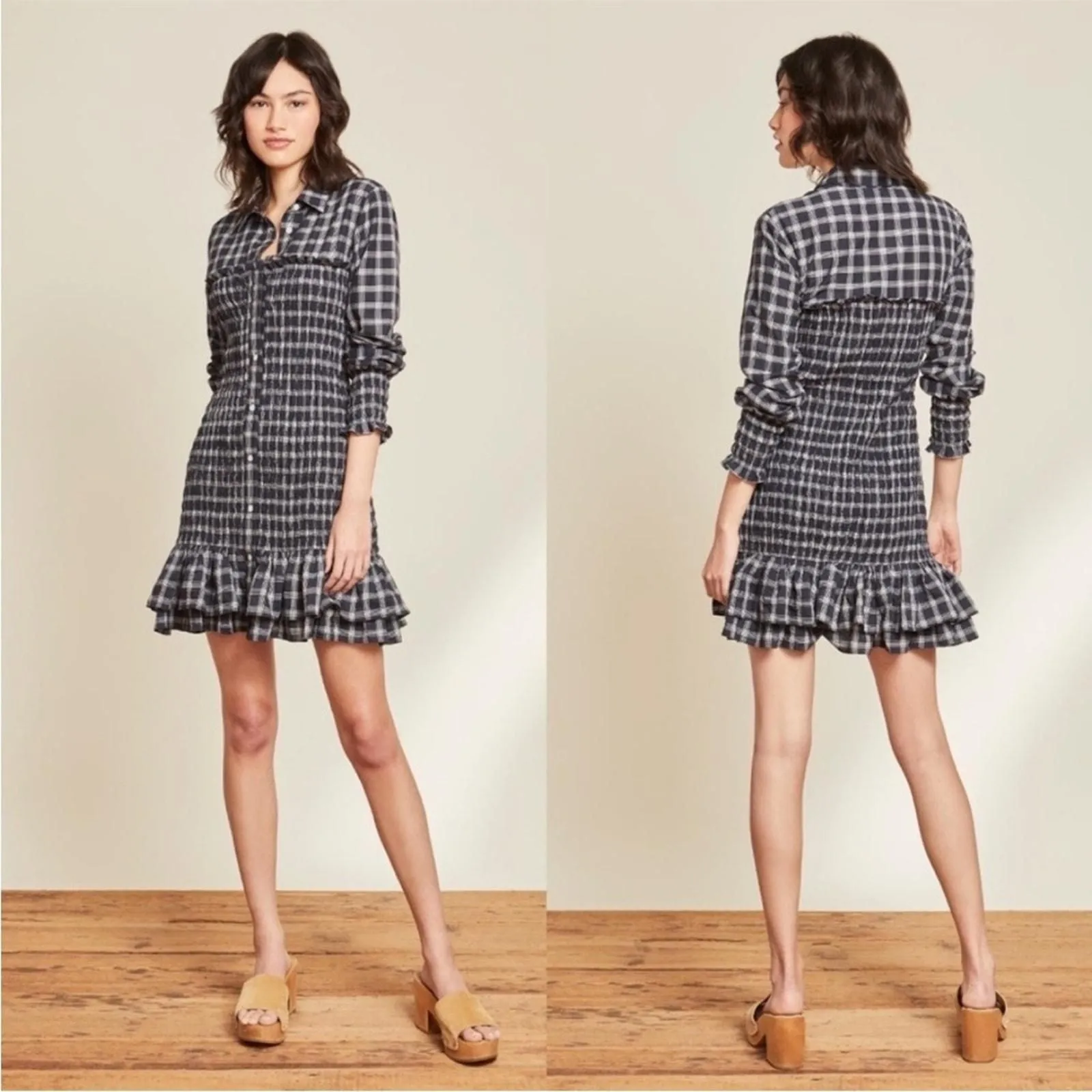 Product image for NWT VERONICA BEARD Kelsey Smocked Plaid Shirt Dress Navy/White Size 4 Preppy - Veronica Beard