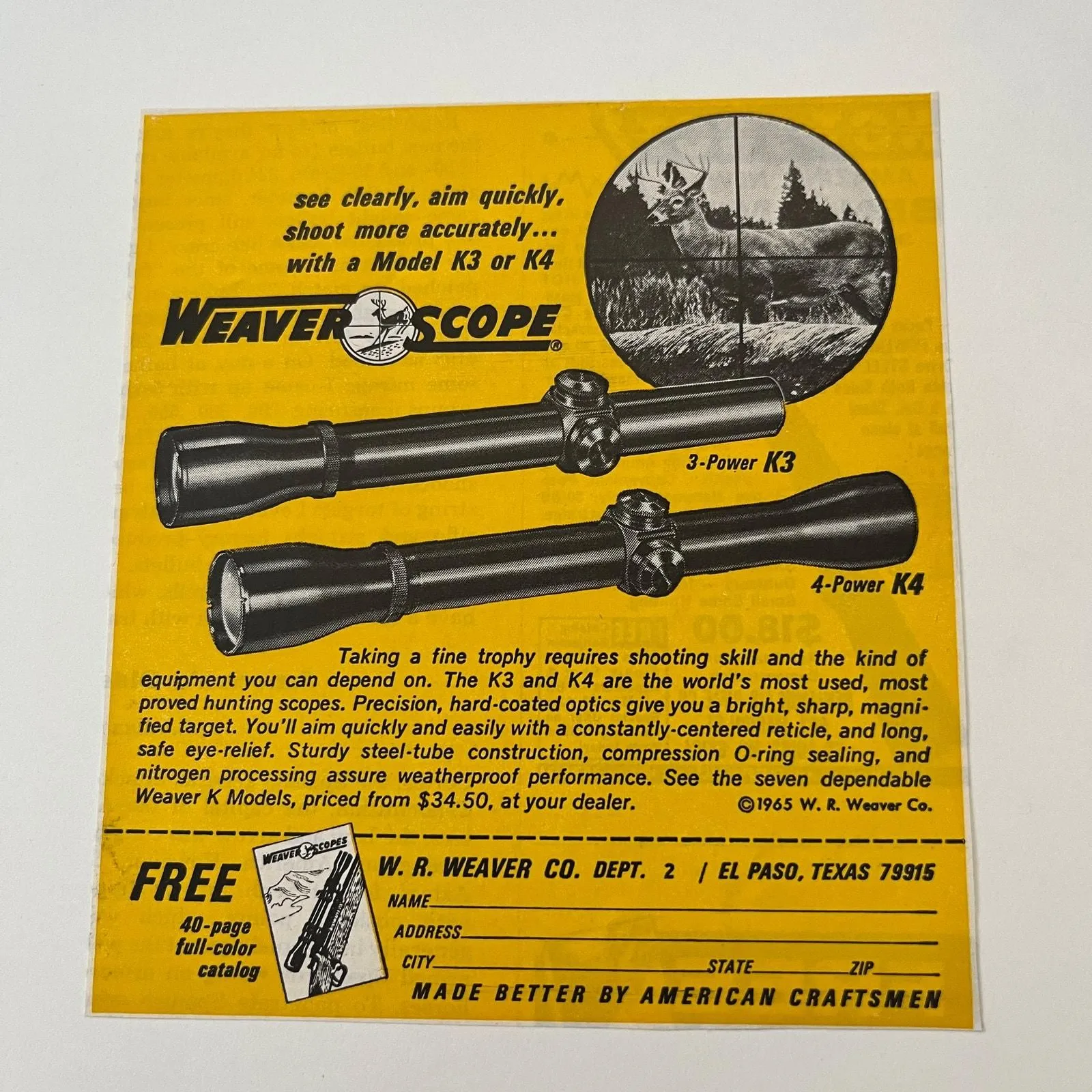 Product image for W.R. Weaver Co. Weaver Scope Model K3 K4 El Paso TX 1965 Magazine Ad SAG6-1