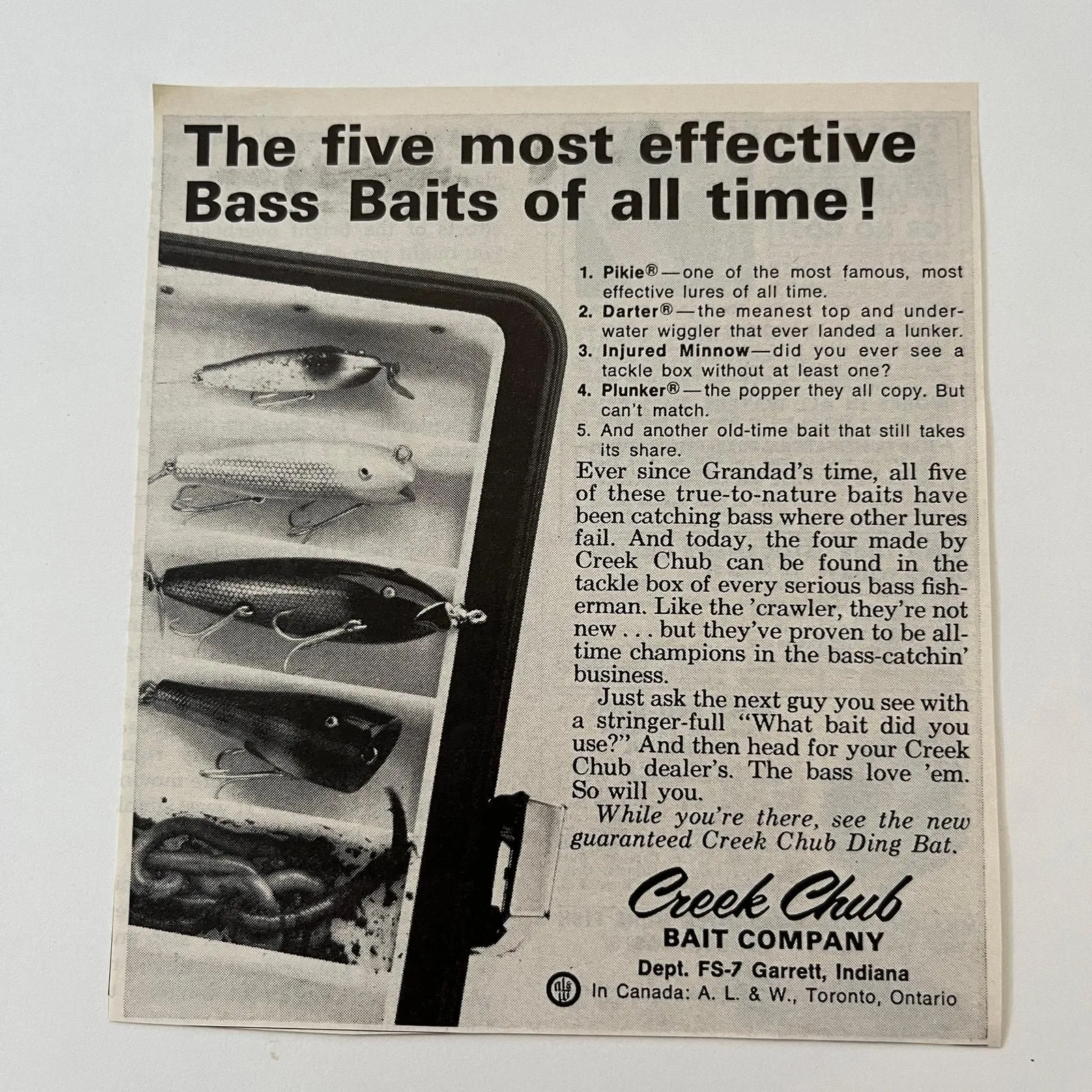 Product image for Creek Chub Bait Company Creek Chub Ding Bat Garrett IN 1965 Magazine Ad SAG6-1