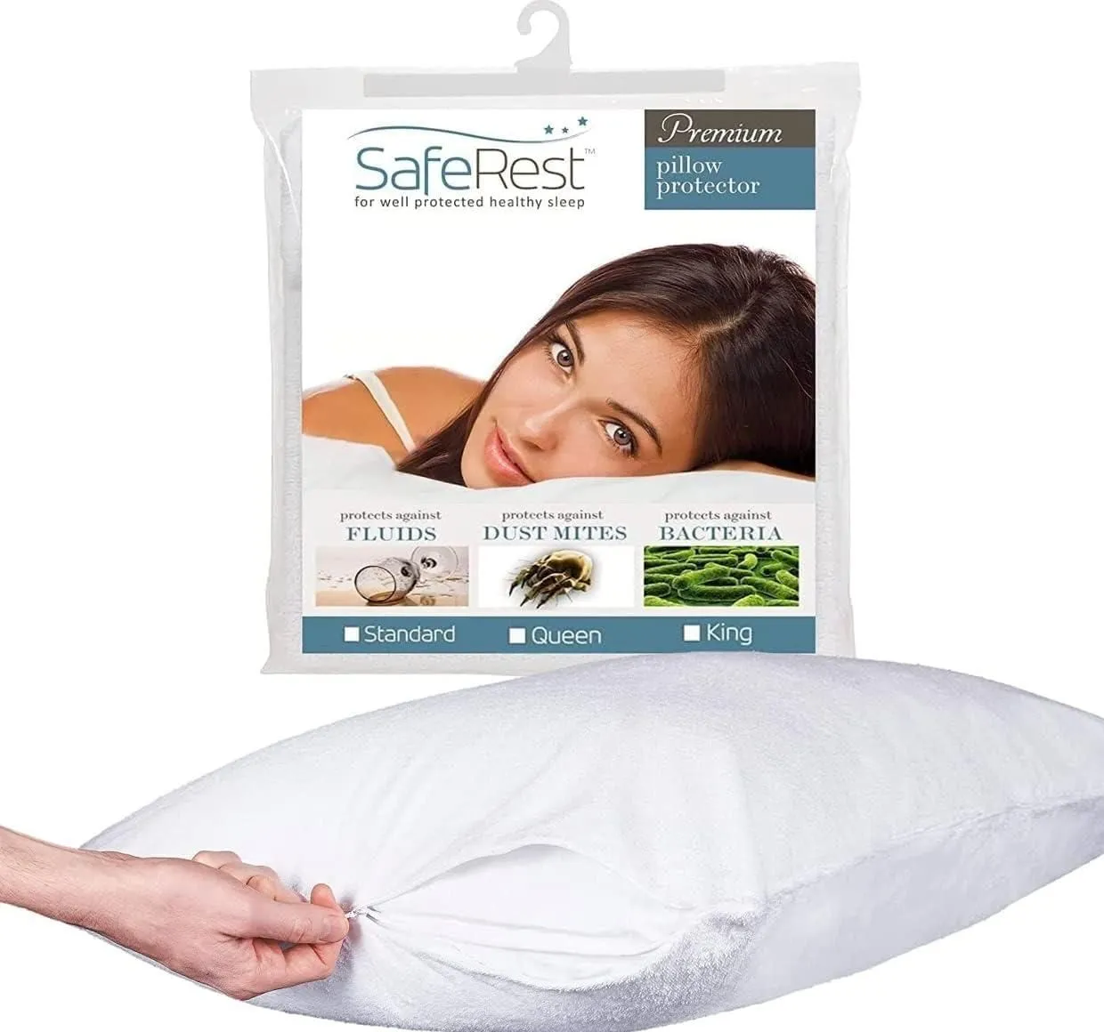 Product image for SafeRest Pillow Protector, Standard Size Waterproof, Zippered Cotton Terry