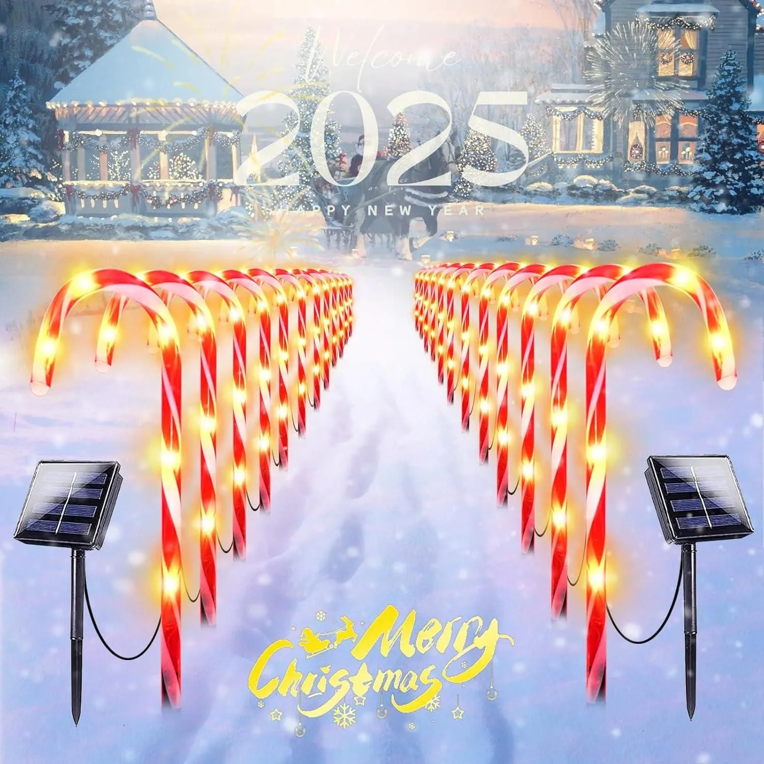 Product image for 24-Pack Solar Christmas Candy Cane Lights, Waterproof, 8 Modes Yard Decor