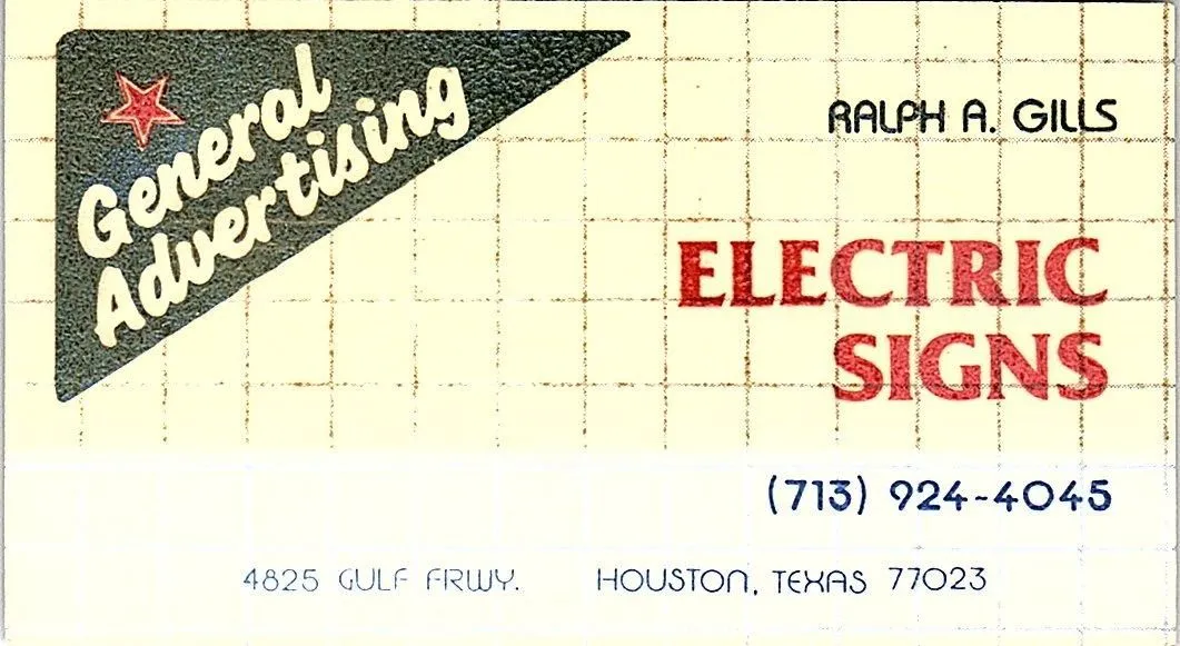 Product image for General Advertising Signs Ralph Gills Houston TX Vintage Business Card SSB4-15