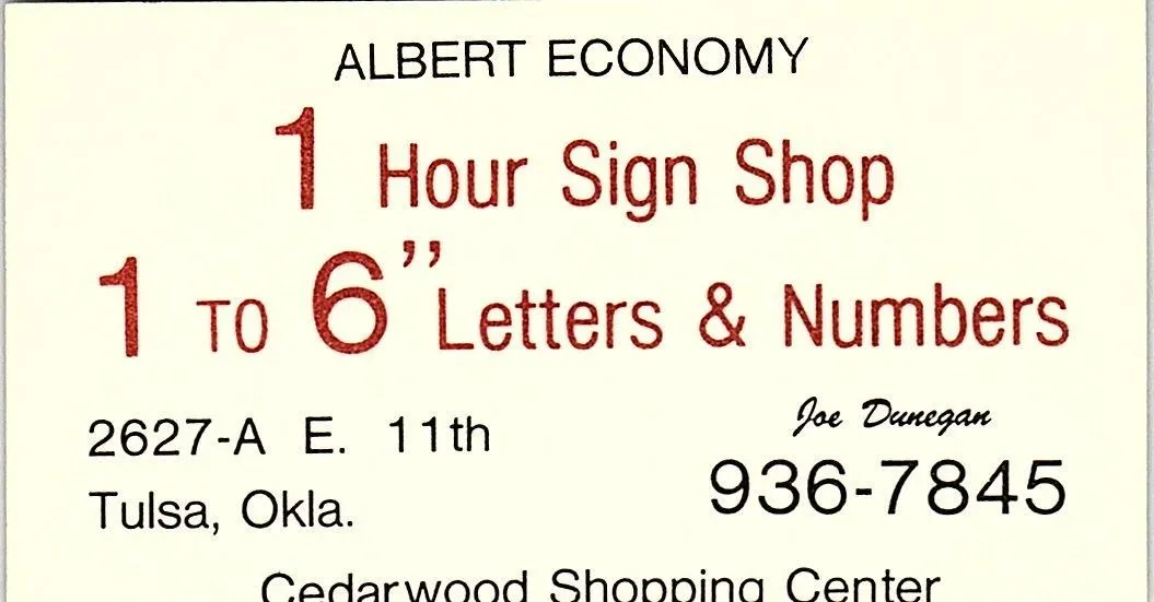 Product image for Albert Economy 1 Hour Sign Joe Dunegan Tulsa OK Vintage Business Card SSB4-15