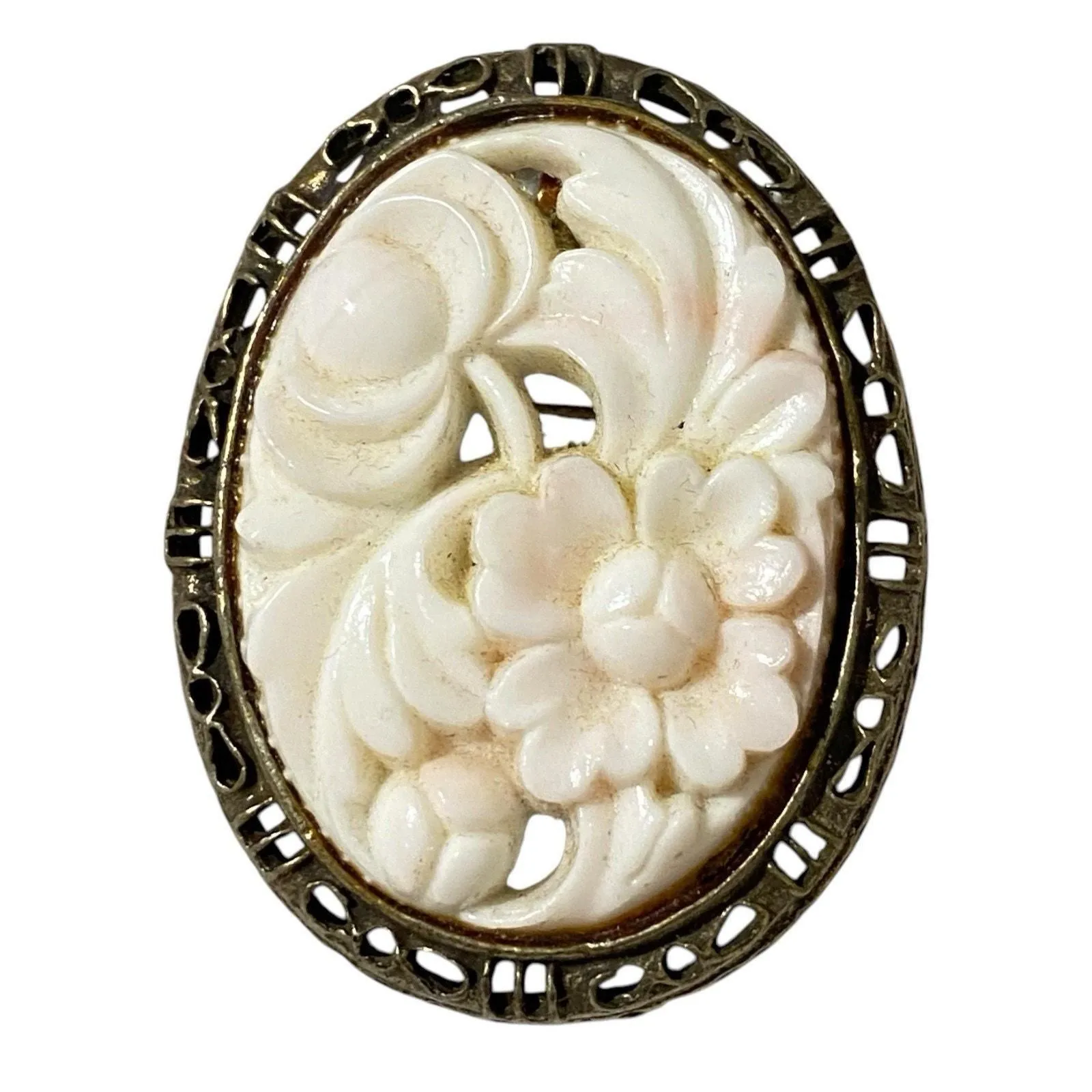 Product image for Vtg Oval Carved 3D Etched Cream Flower Bouquet Brooch Pin Cottagecore Bloomcore - Brooch - new-with-defects