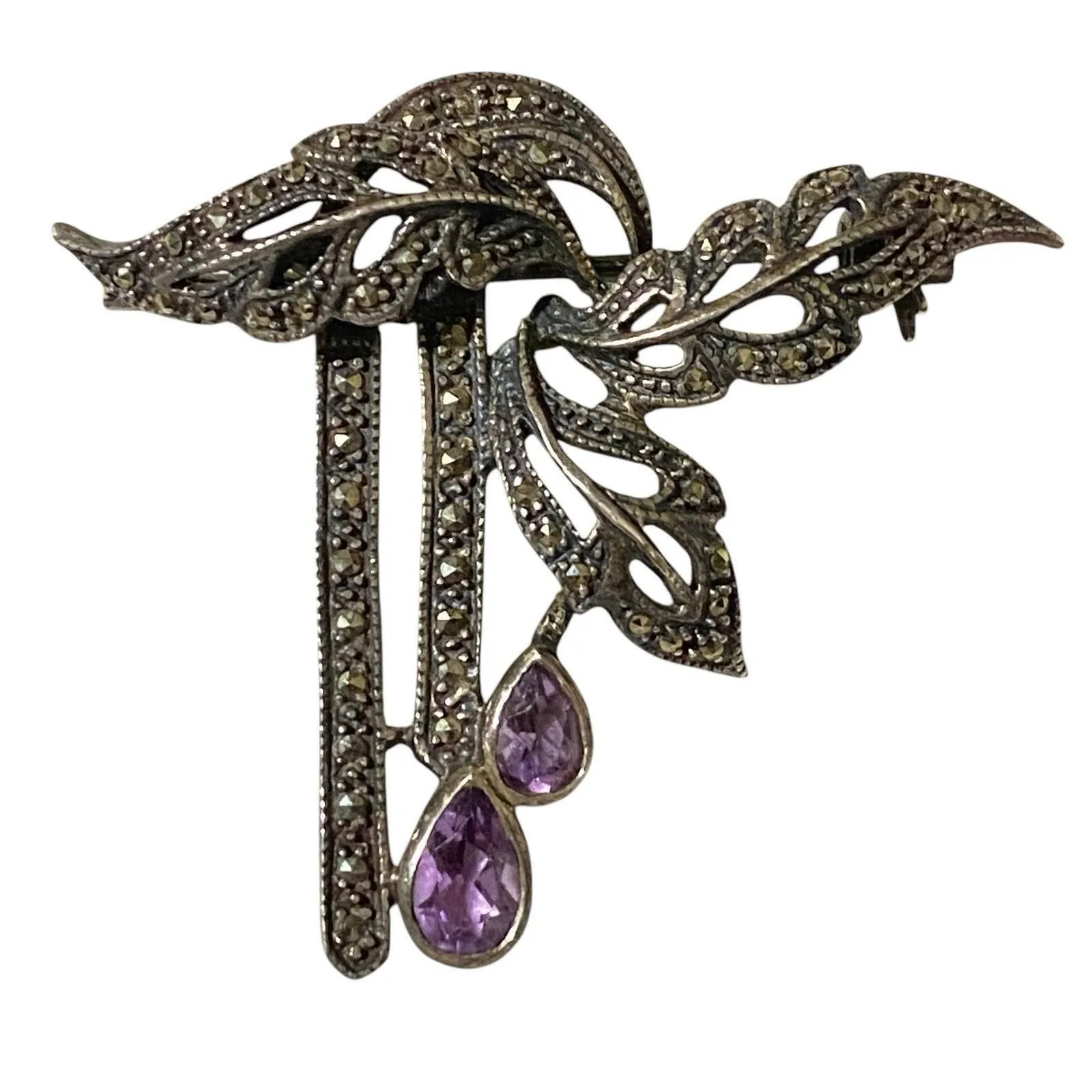 Product image for Vintage Sterling Silver Marcasite Teardrop Amethyst Pin Brooch Leaves Design - Brooch - pre-owned---good
