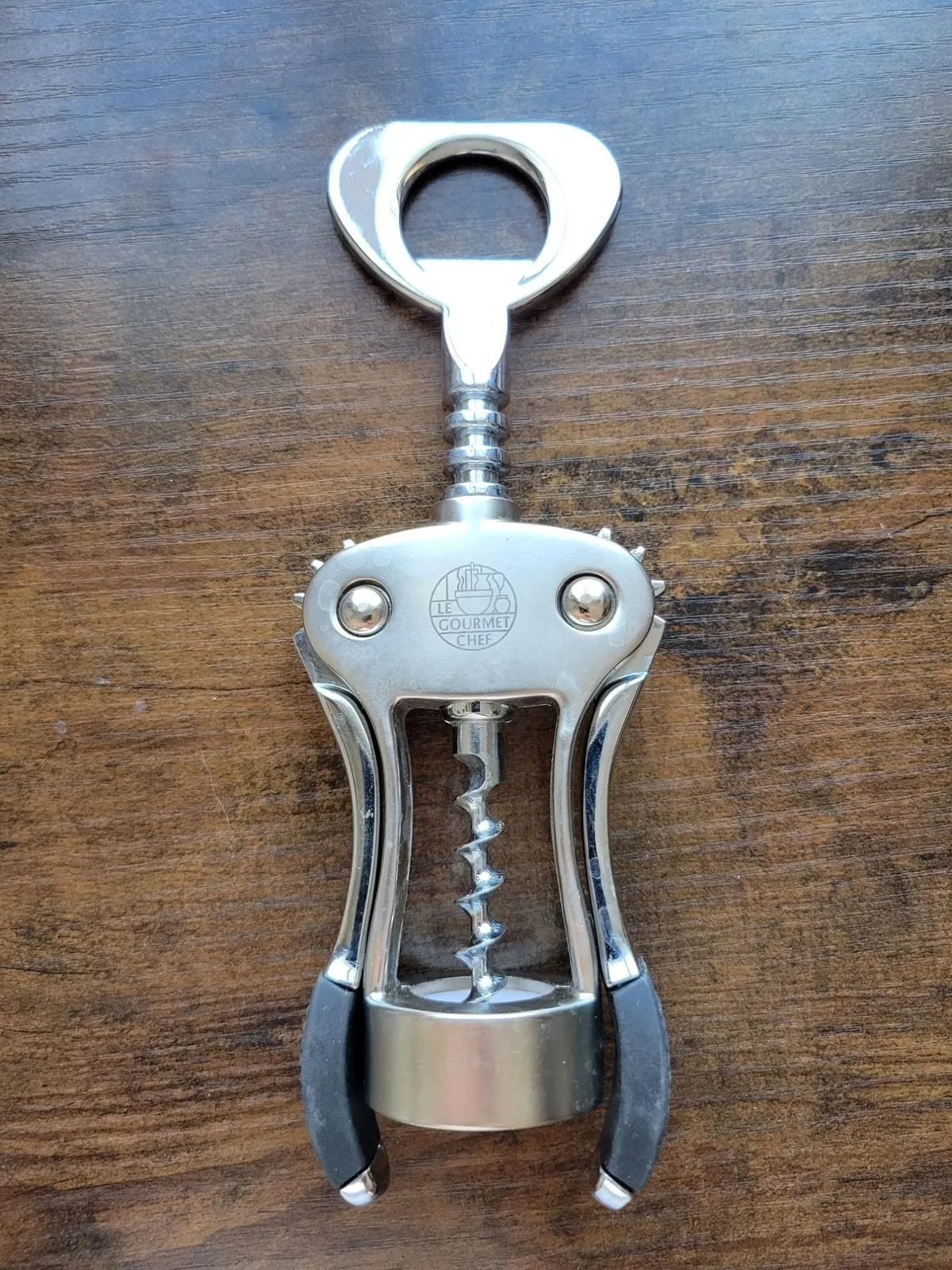 Product image for Le Gourmet Chef Silver Corkscrew Wine Bottle Opener w/Fins - Push Down - Used