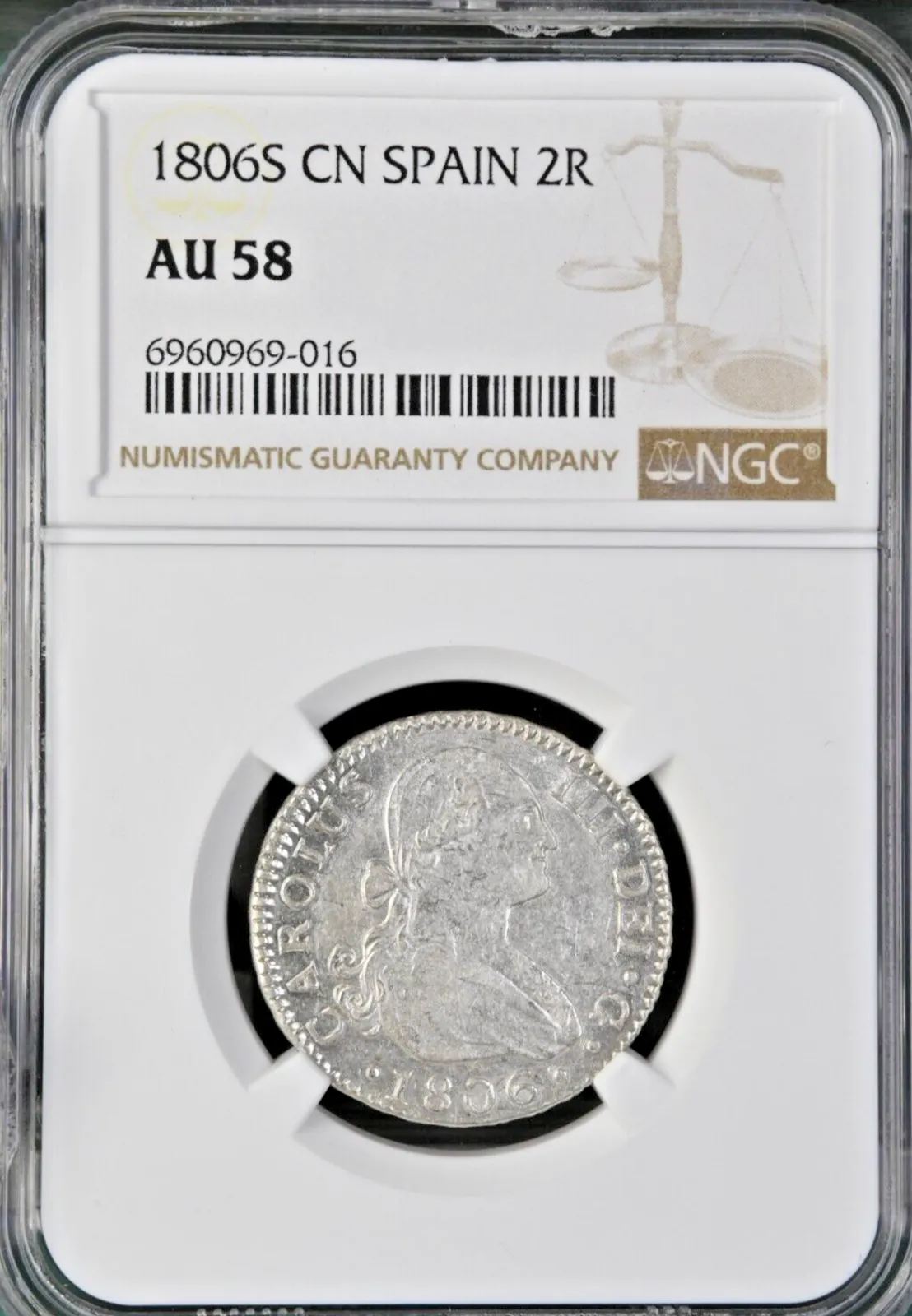 Product image for 1806 Charles IV Spain Silver 2 Reales Seville Mint NGC AU58 KM#430.2; Cal#1069