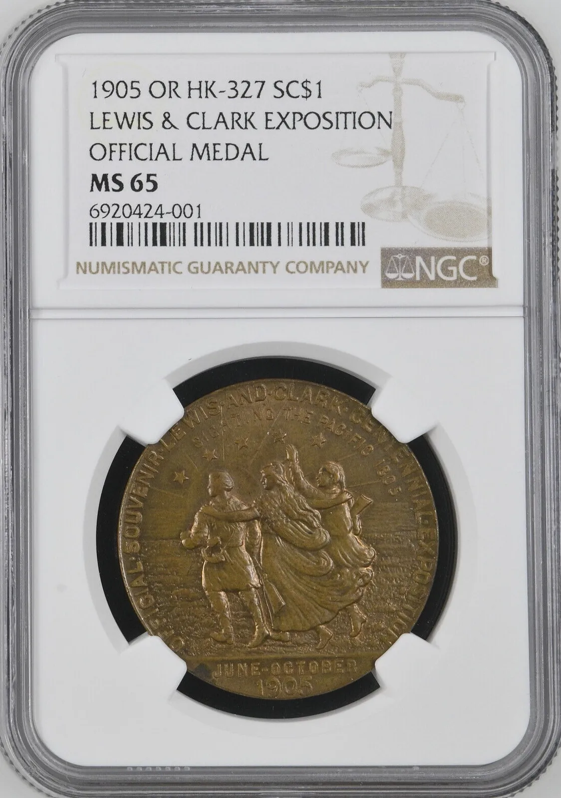 Product image for 1905 OR HK-327 Lewis And Clark Exposition Official Medal SC$1 Bronze NGC MS65 - Coins, non-U.S. currency