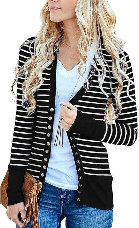 Product image for RichCoco Women's Stripped Button Down Cardigan in Black, Size M - new-with-tags - Richcoco