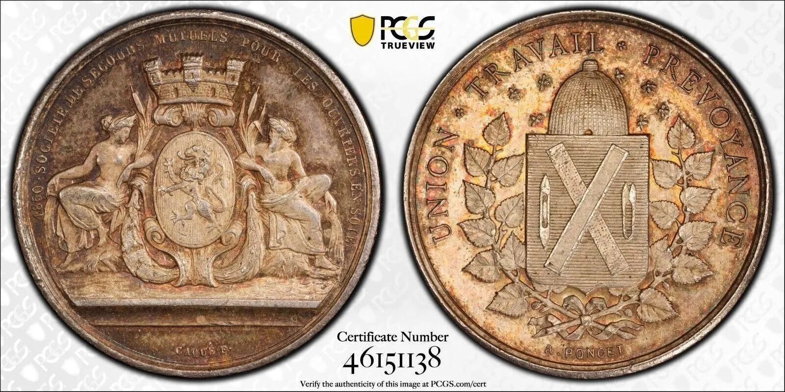 Product image for 1850 France Jeton Silk Workers Corne Variety PCGS MS63 Top Pop 1/0 Silver BU - Coins, non-U.S. currency