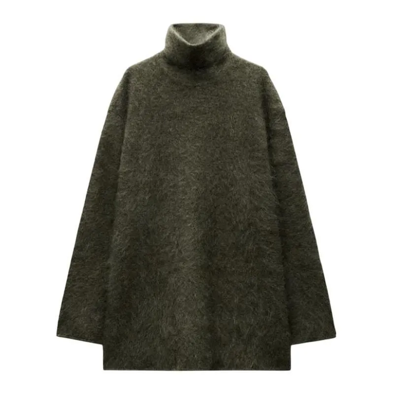 Product image for Zara High Neck Cashmere and Wool Sweater in Grey Green, Size XL - new-with-tags - Zara