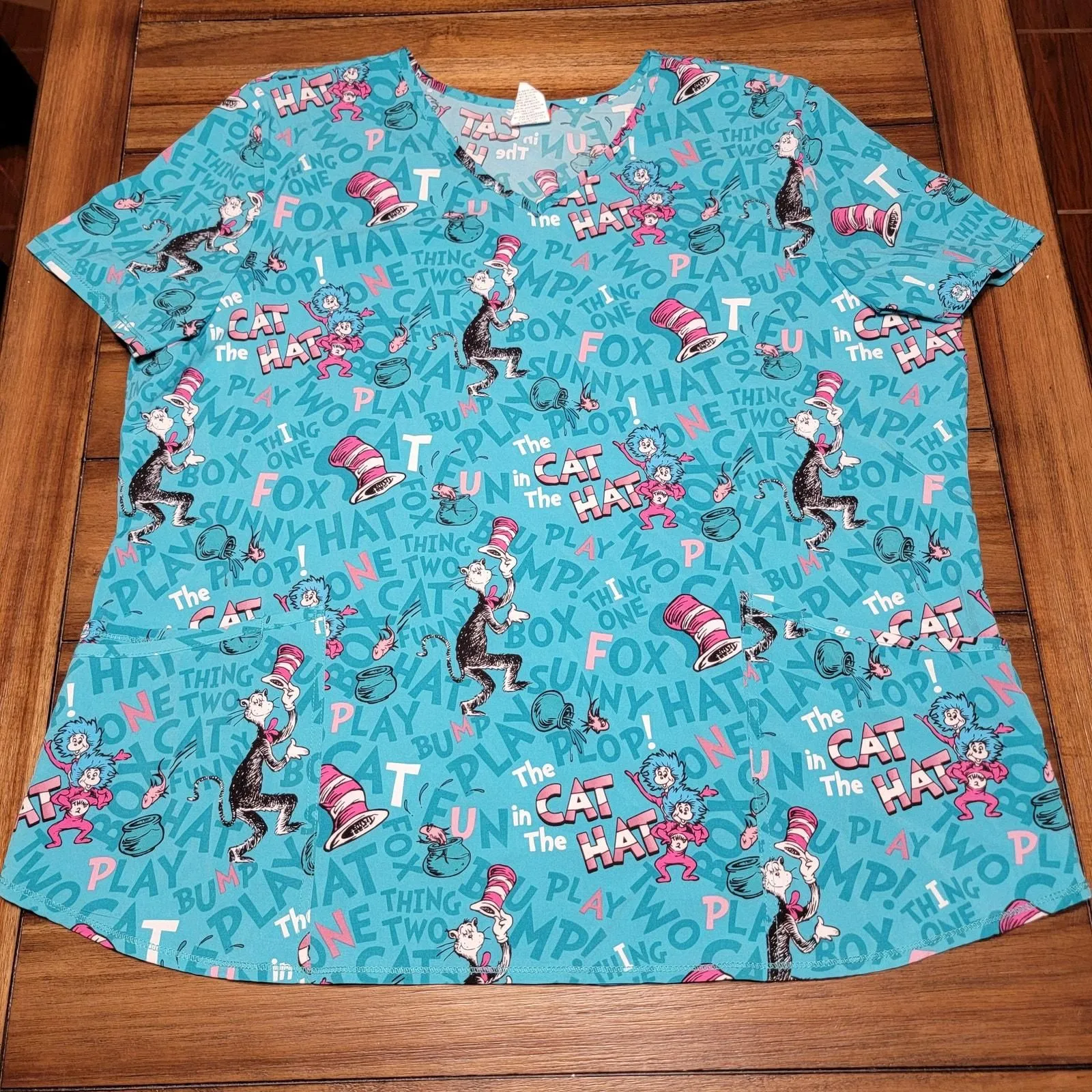 Product image for Dr. Seuss Teal V-Neck Scrub Top - Size 2XL