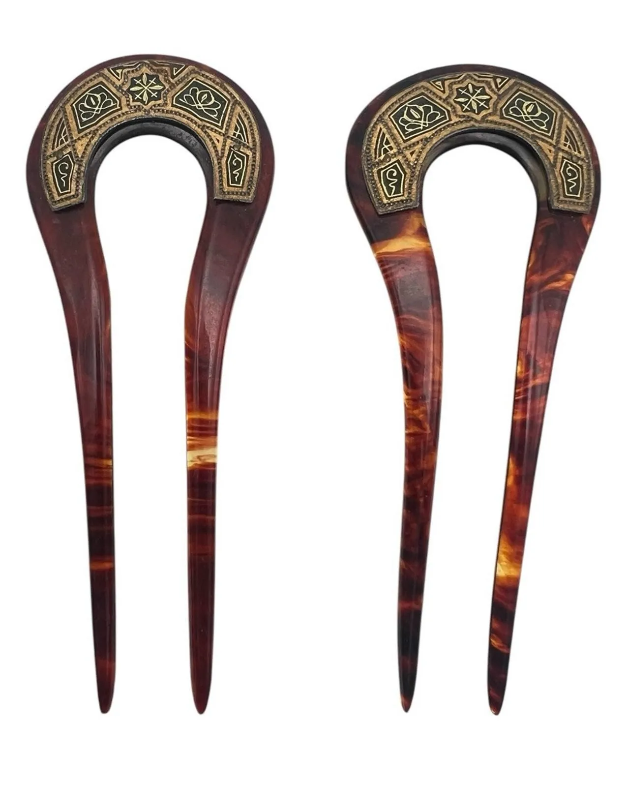 Product image for Vintage Pair of Victorian hair combs damasquine Metal embellishment Tortoise