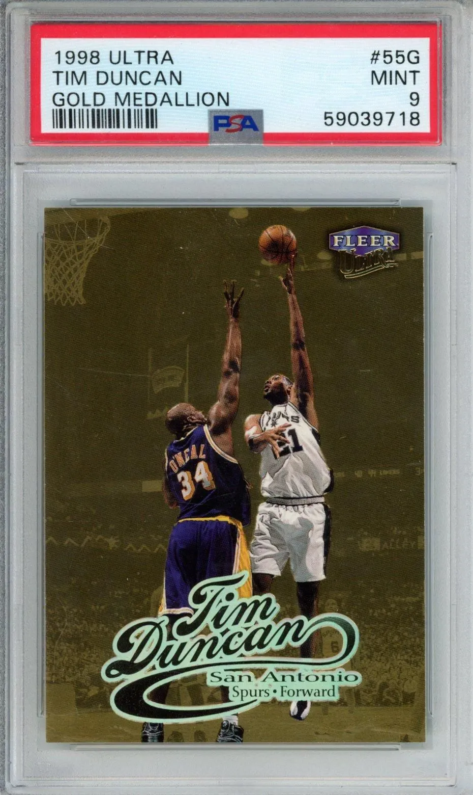 Product image for 1998 ULTRA TIM DUNCAN GOLD MEDALLION #55G PSA MINT 9