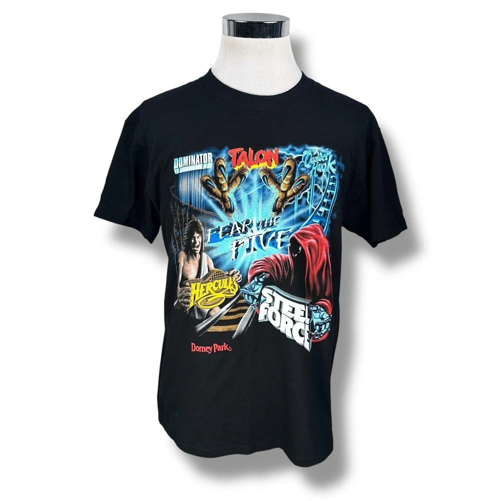 Product image for Vintage Dorney Park T-Shirt Mens Large Black Fear Five Rollercoaster Talon 90s - pre-owned---good - Fruit of the Loom