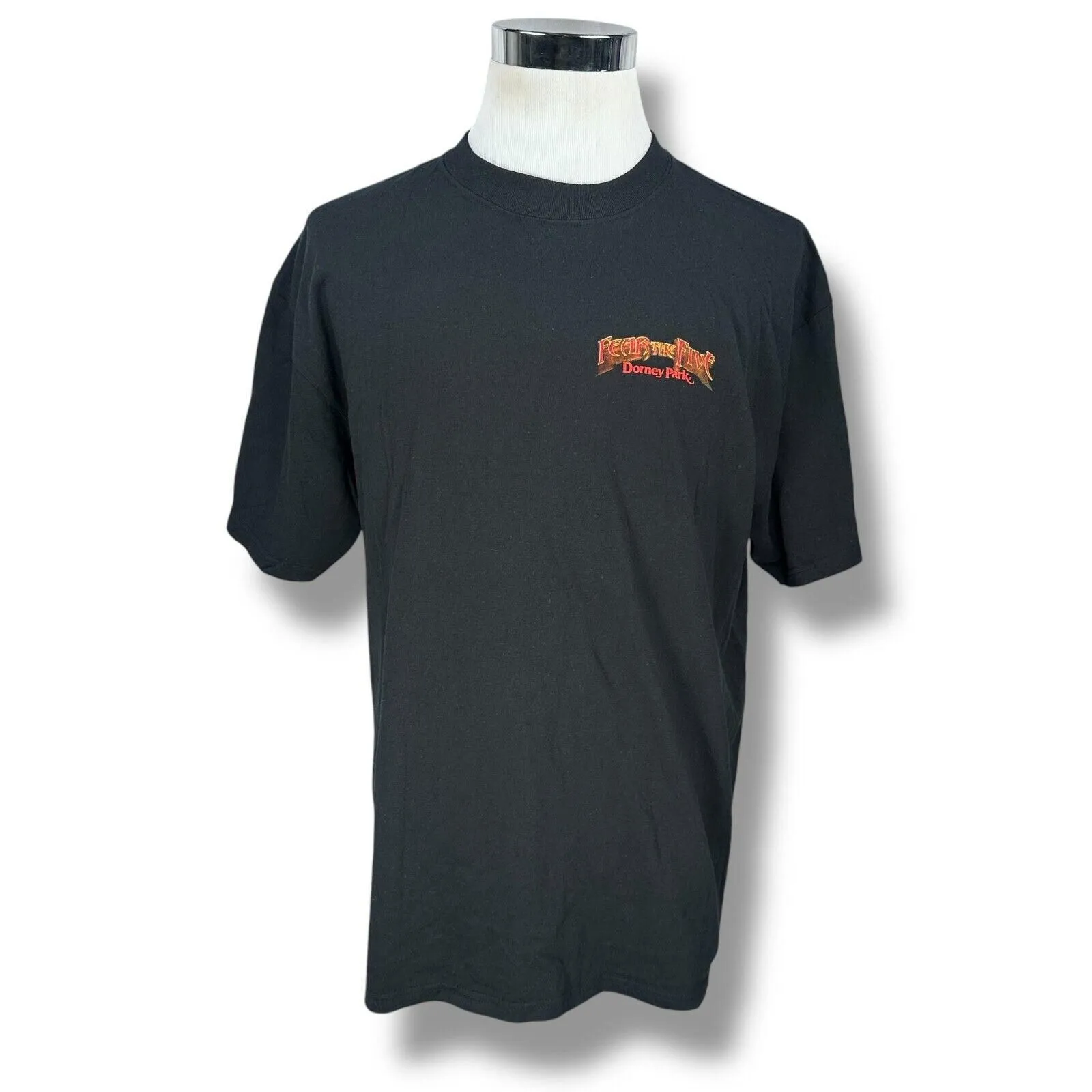 Product image for Vintage Dorney Park Fear Five T-Shirt Men's XL Black Rollercoaster Hydra Laser - pre-owned---good - Dorney Park