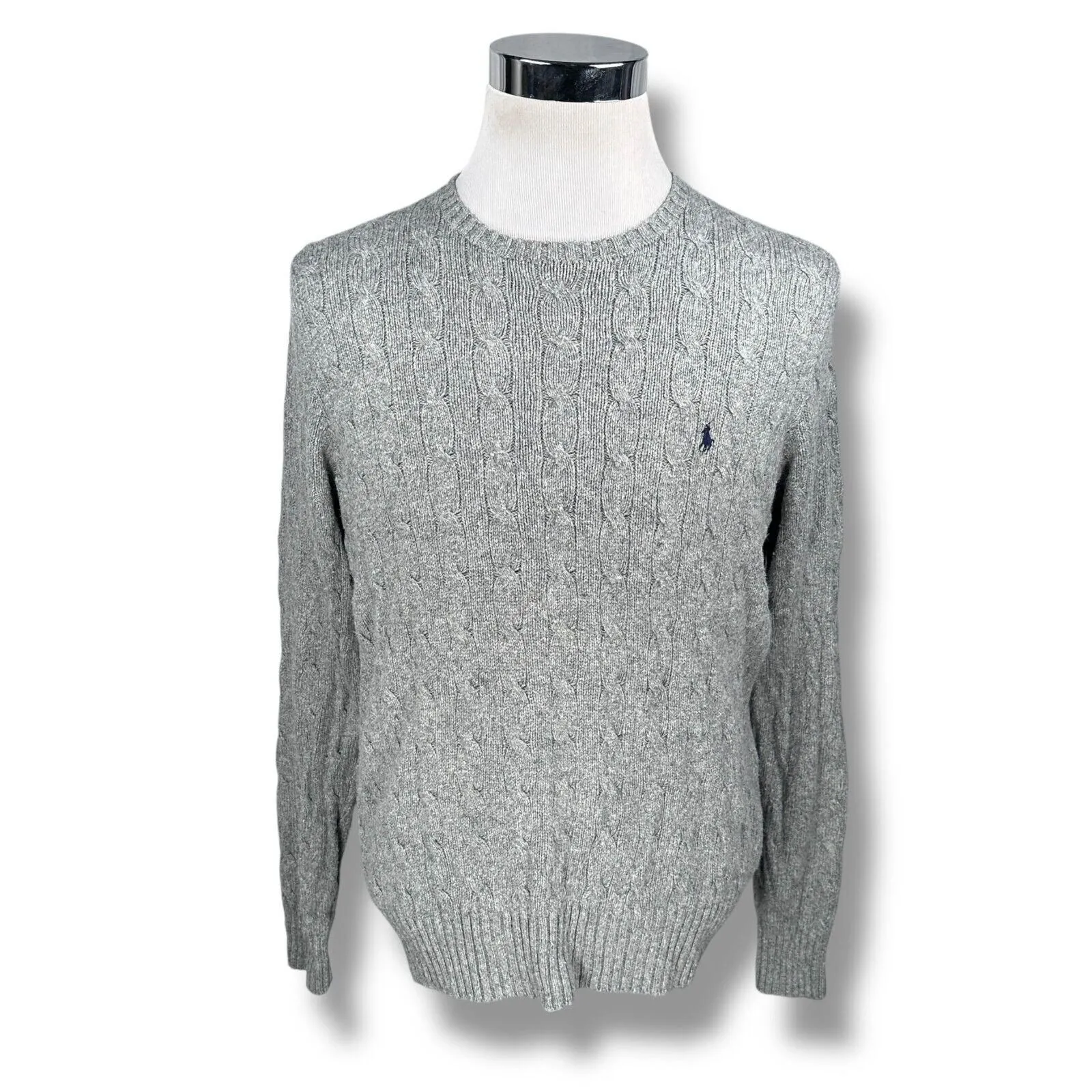 Product image for Polo Ralph Lauren Sweater Men’s Medium Gray 100% Silk Cable Knit Long Sleeve