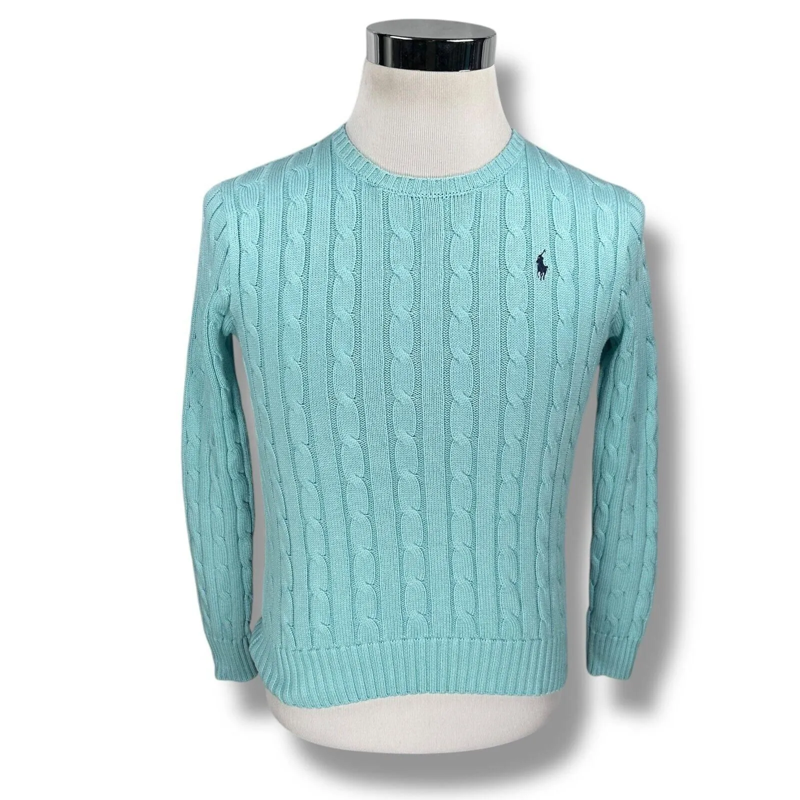 Product image for Polo Ralph Lauren Women Small Tiffany Blue 100% Cotton Cable Knit Long Sleeve
