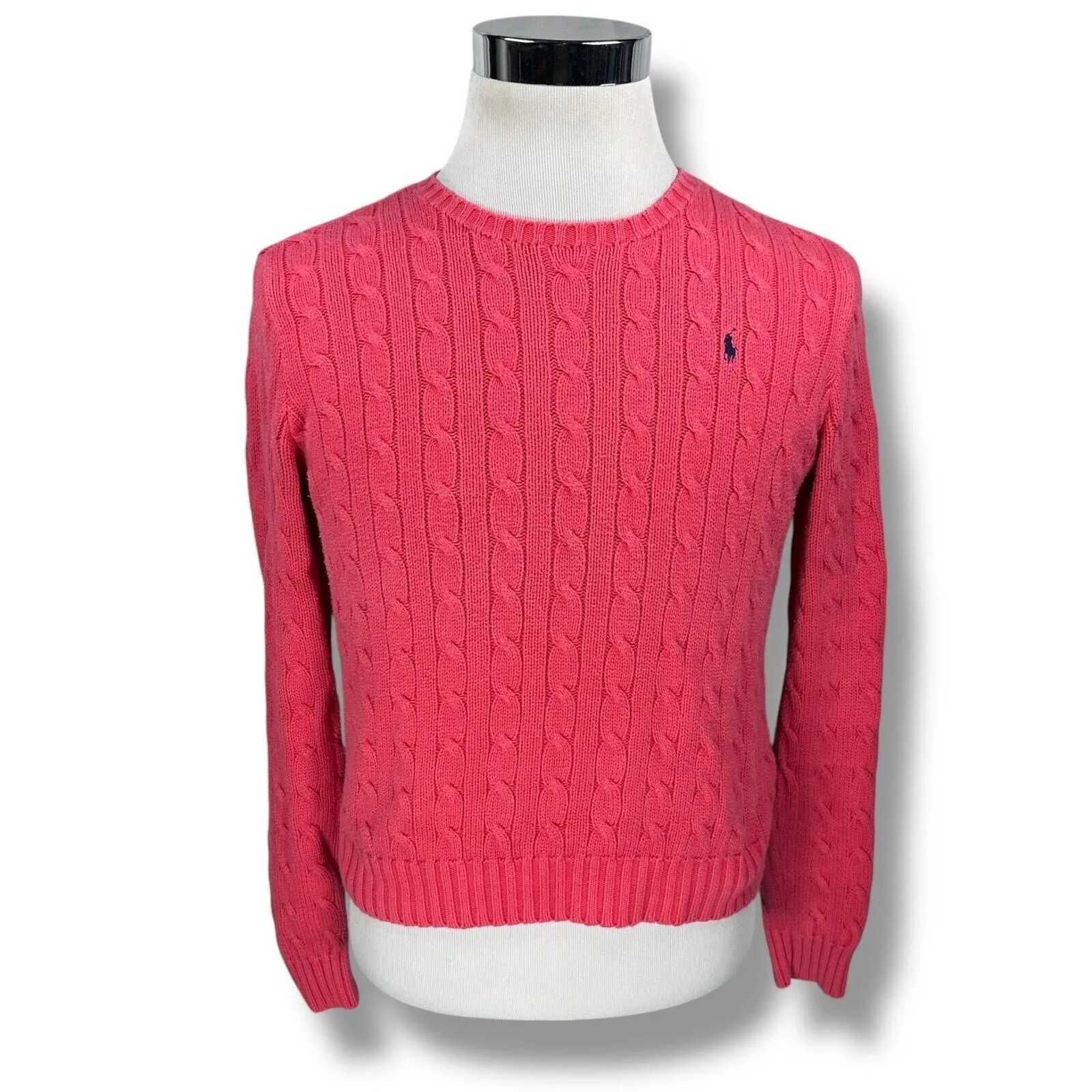 Product image for Polo Ralph Lauren Sweater Women’s Large Reddish Pink Cable Knit Cotton Pullover