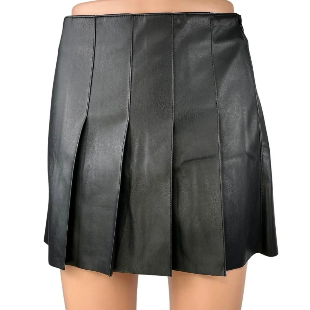 Product image for NEW MNG Black Faux Leather Vegan High Waist Pleated A Line Mini Skirt Size L - L - Bottoms - new-with-tags - MNG