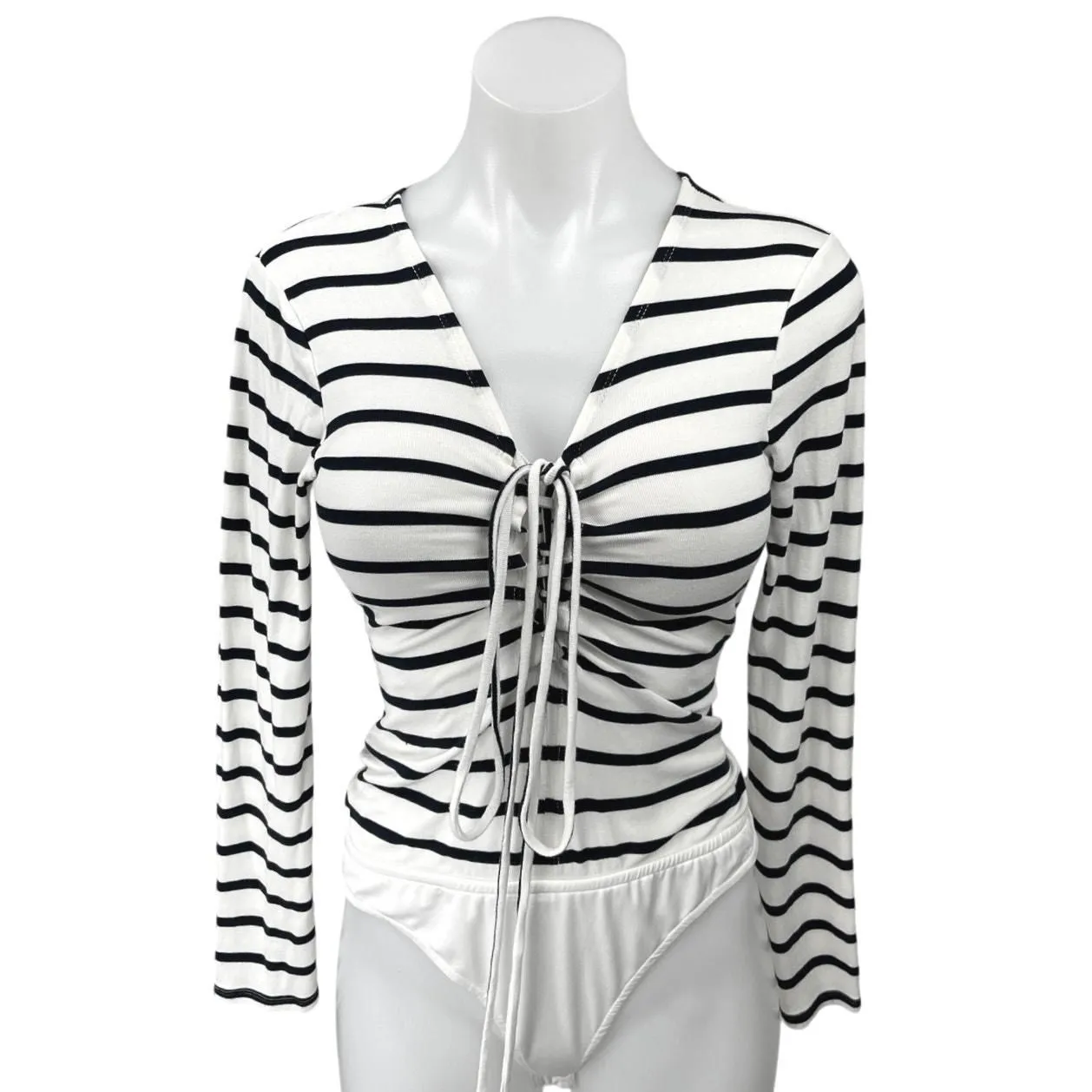 Product image for REVOLVE Lovers + Friends White Black Striped Long Sleeve Romper Bodysuit Top M - Tops - M - pre-owned---good - REVOLVE