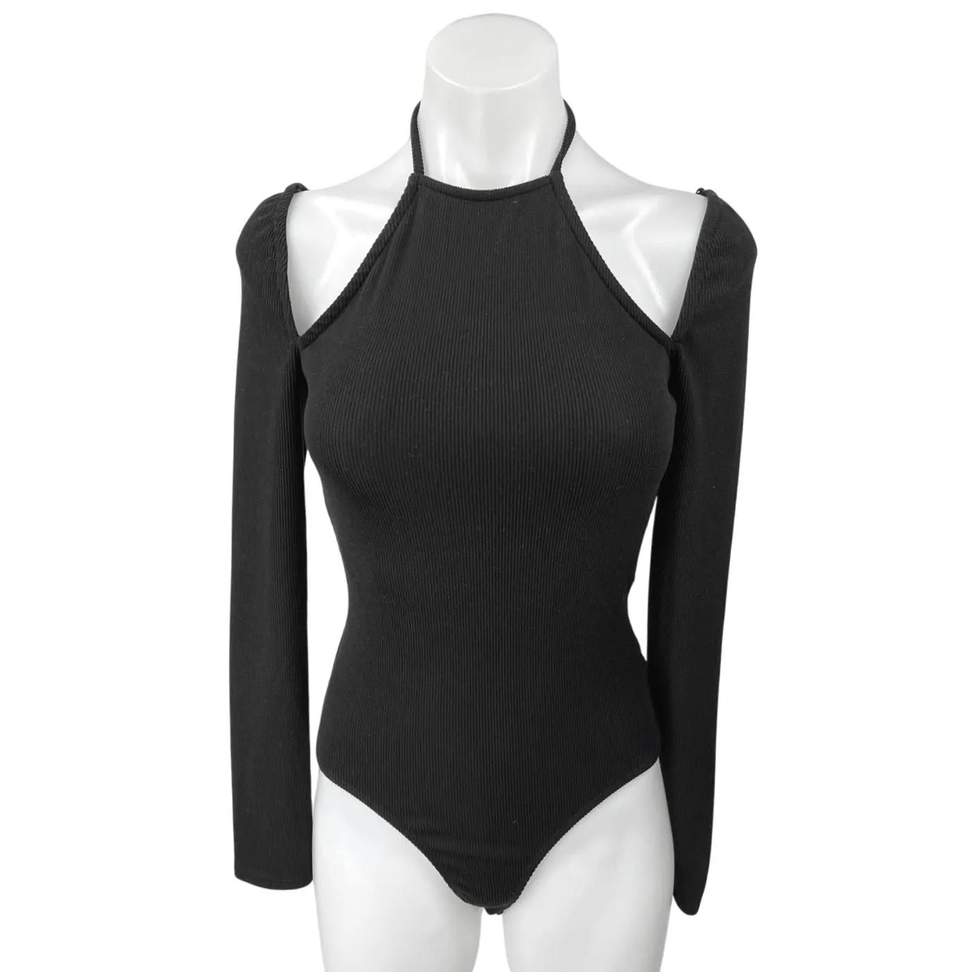 Product image for ASTR The Label Black Ribbed Halter Tie Cutout Long Sleeve Thong Bodysuit Top S - Tops - S - pre-owned---good - ASTR The Label