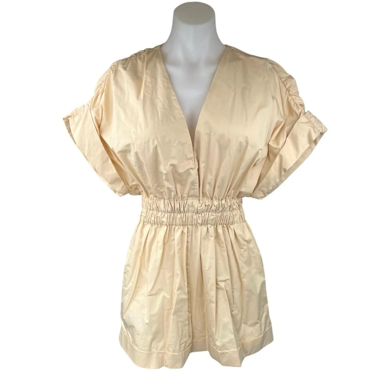 Product image for Zara Beige Plunge V-neck Cuffed Short Sleeve Elastic Waist Romper Jumpsuit M - Jumpsuits - M - pre-owned---good - Zara