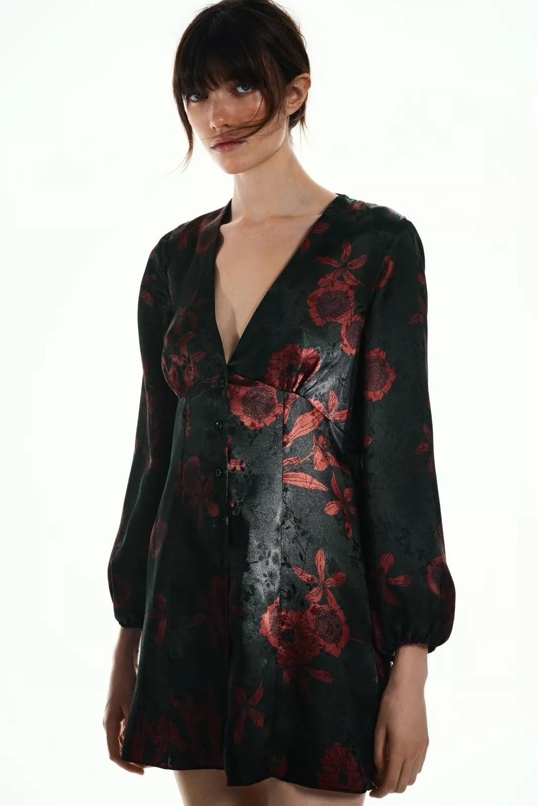 Product image for NEW Zara Black Red Floral Silk Satin Long Sleeve V-neck Mini Fit & Flare Dress L - Dresses - L - new-with-tags - Zara