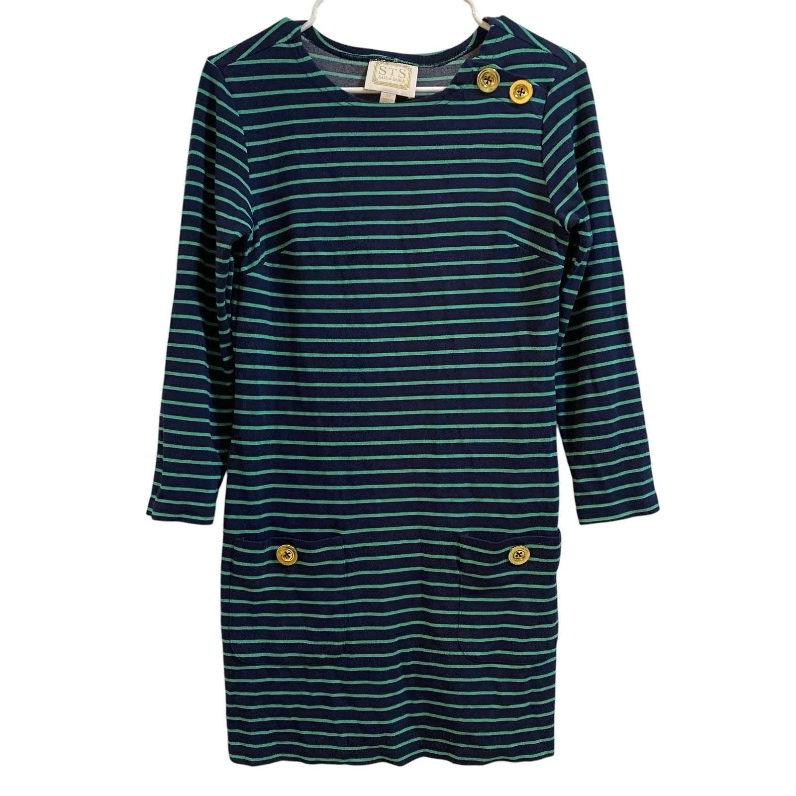 Product image for STS Sail to Sable XS Dress Shift Dress Navy Green Stripe Gold Buttons Stretch - XS - Dresses - pre-owned---excellent - Sail to Sable