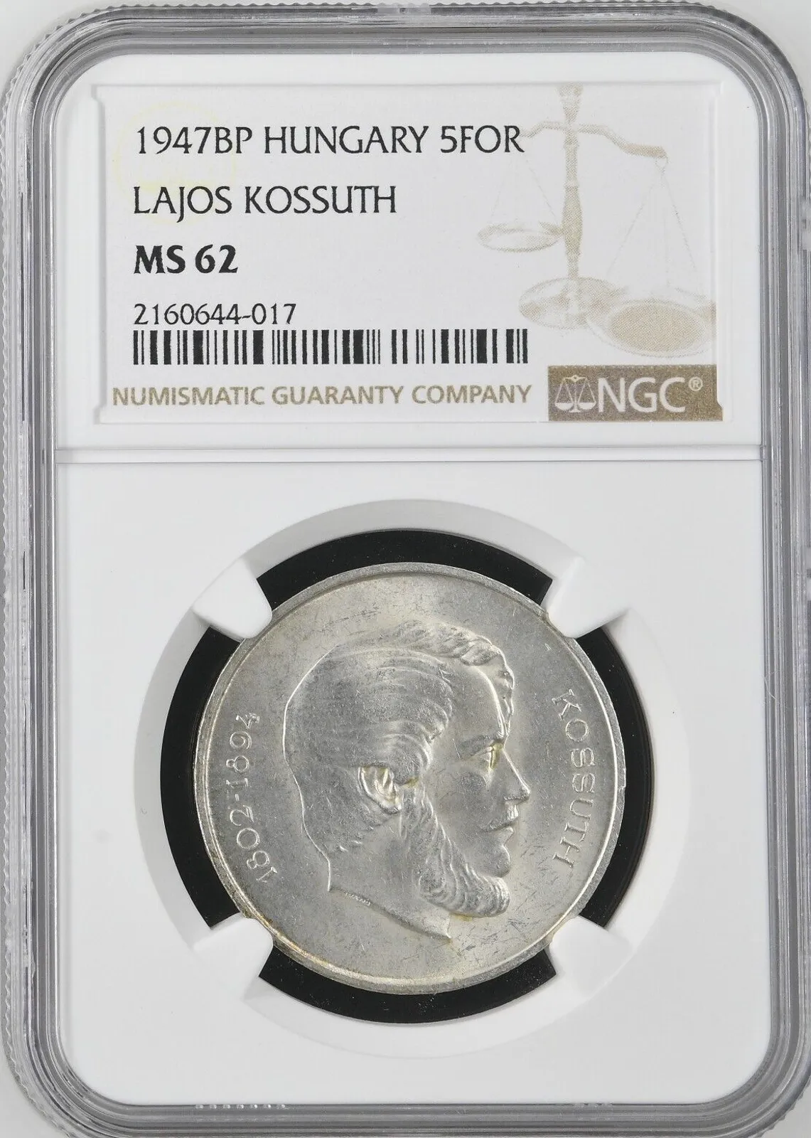 Product image for 1947 BP Hungary Silver 5 Forint Lajos Kossuth KM# 534a NGC MS62 Certified Graded - Coins, non-U.S. currency