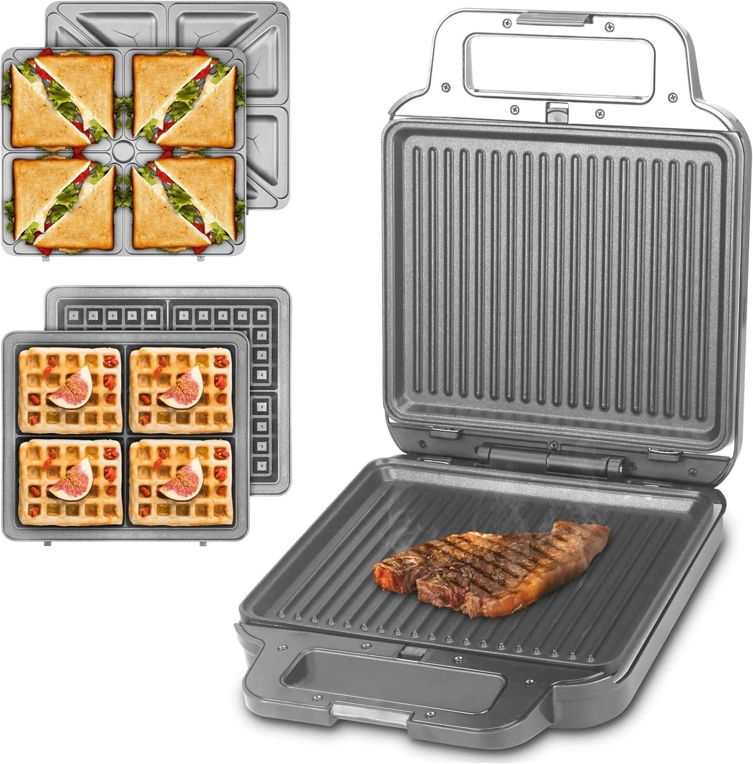 Product image for Panini Grill Press Sandwich Maker 3 in 1, Belgian Waffle Maker, Removable Plates - new-with-box